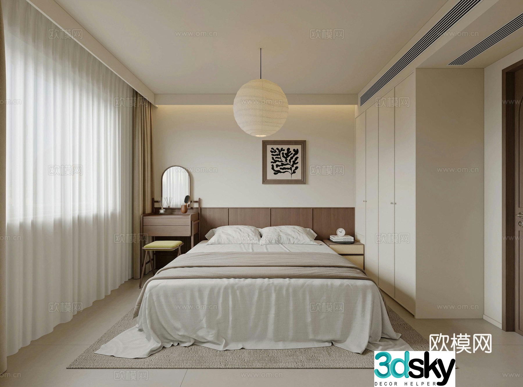 Cream retro style bedroom 3d model