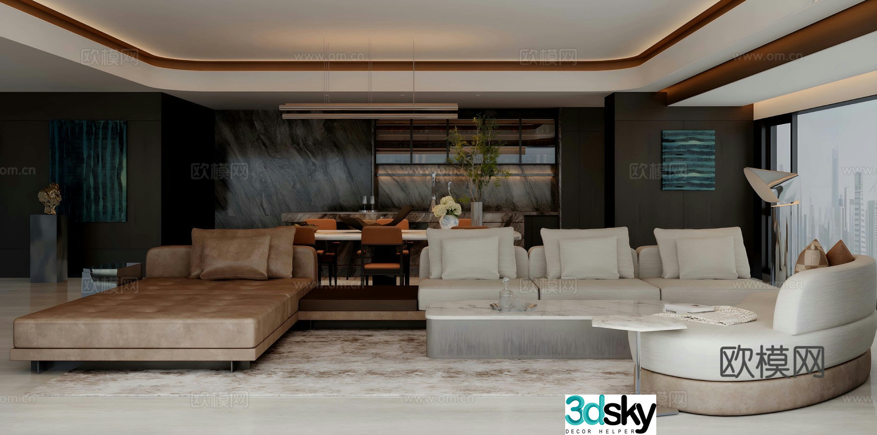 Light luxury Italian living room large flat floor living room villa living room horizontal living room high-end gray 3D model