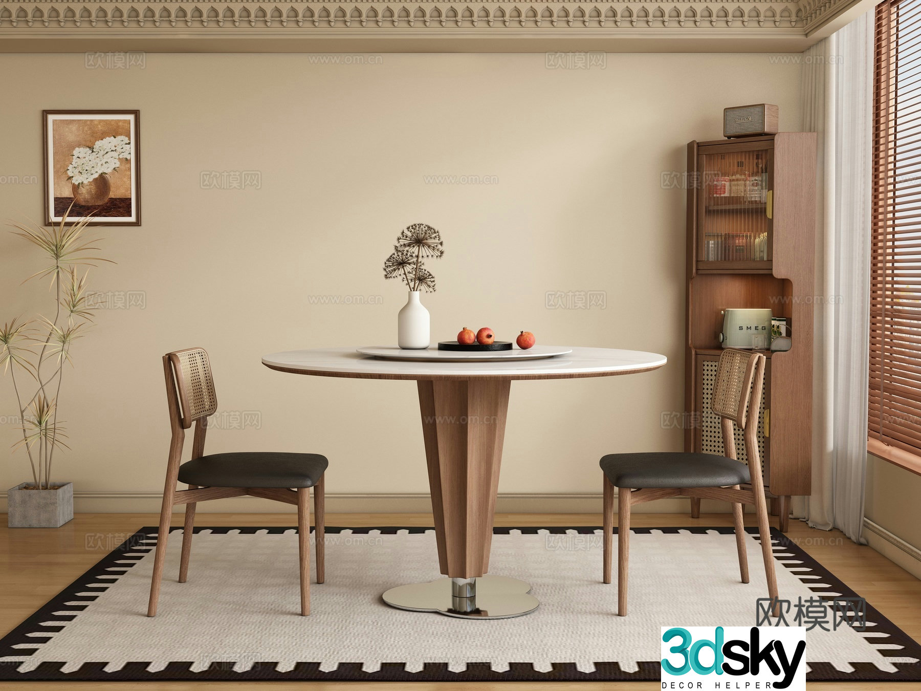 Middle style restaurant round dining table and chair 3D model