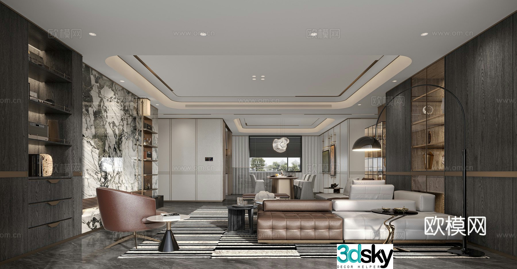 Modern light luxury living and dining room 3D model