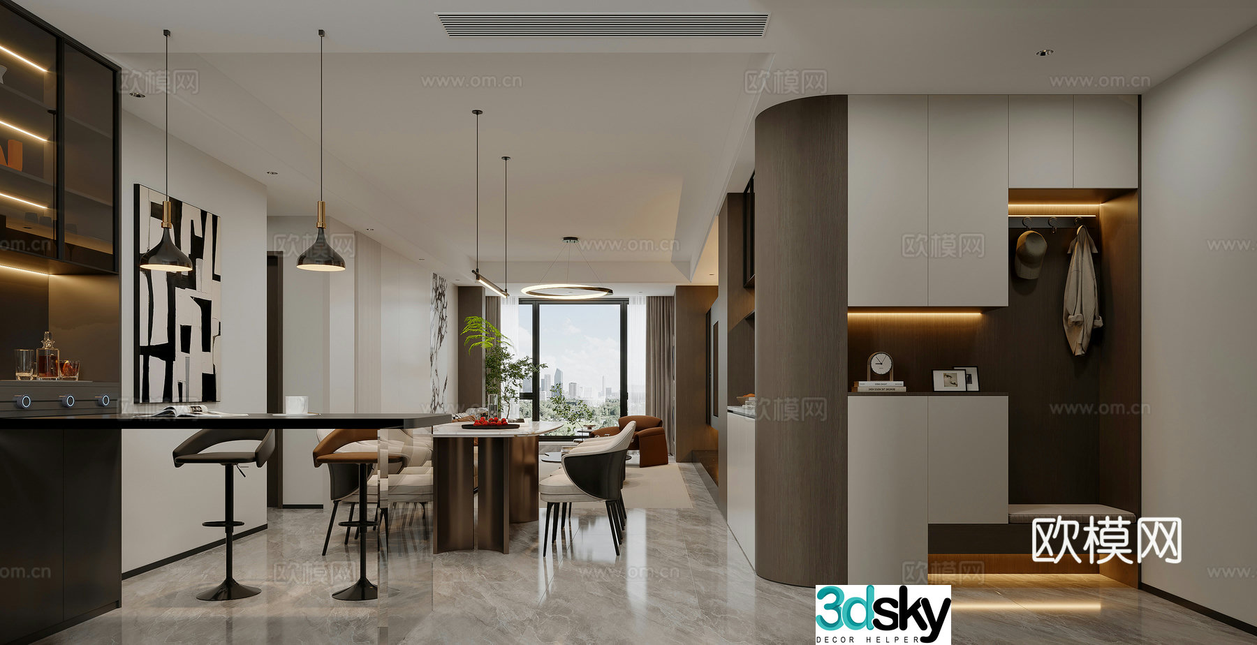Modern restaurant Dining table Bar Wine cabinet Shoe cabinet Light luxury restaurant Modern living restaurant Simple 3D model