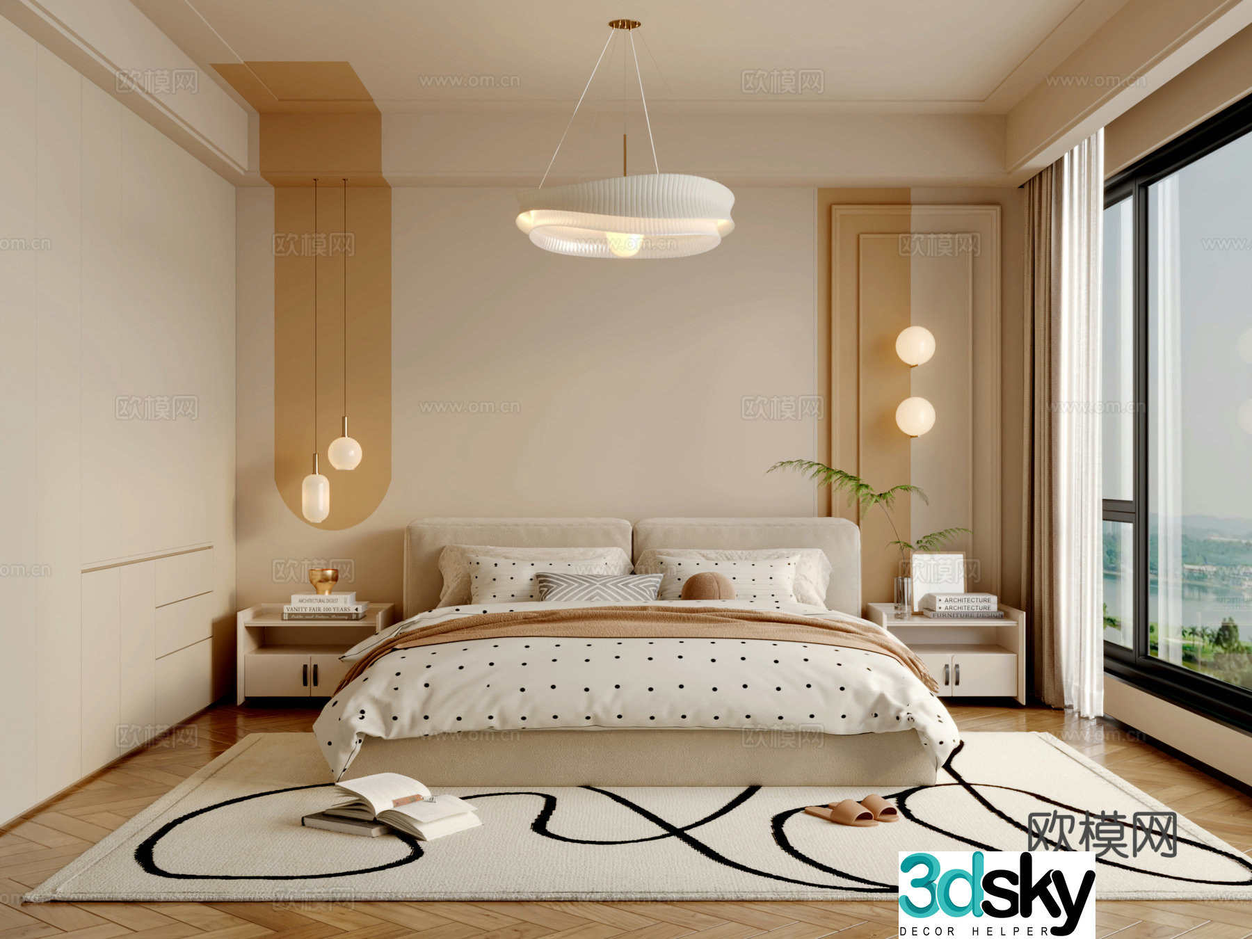 Modern creamy bedroom 3d model