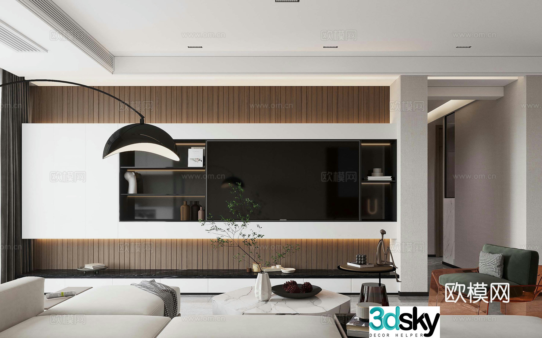 Modern living room TV background wall leisure chair modern living room simple TV cabinet ornament 3d model
