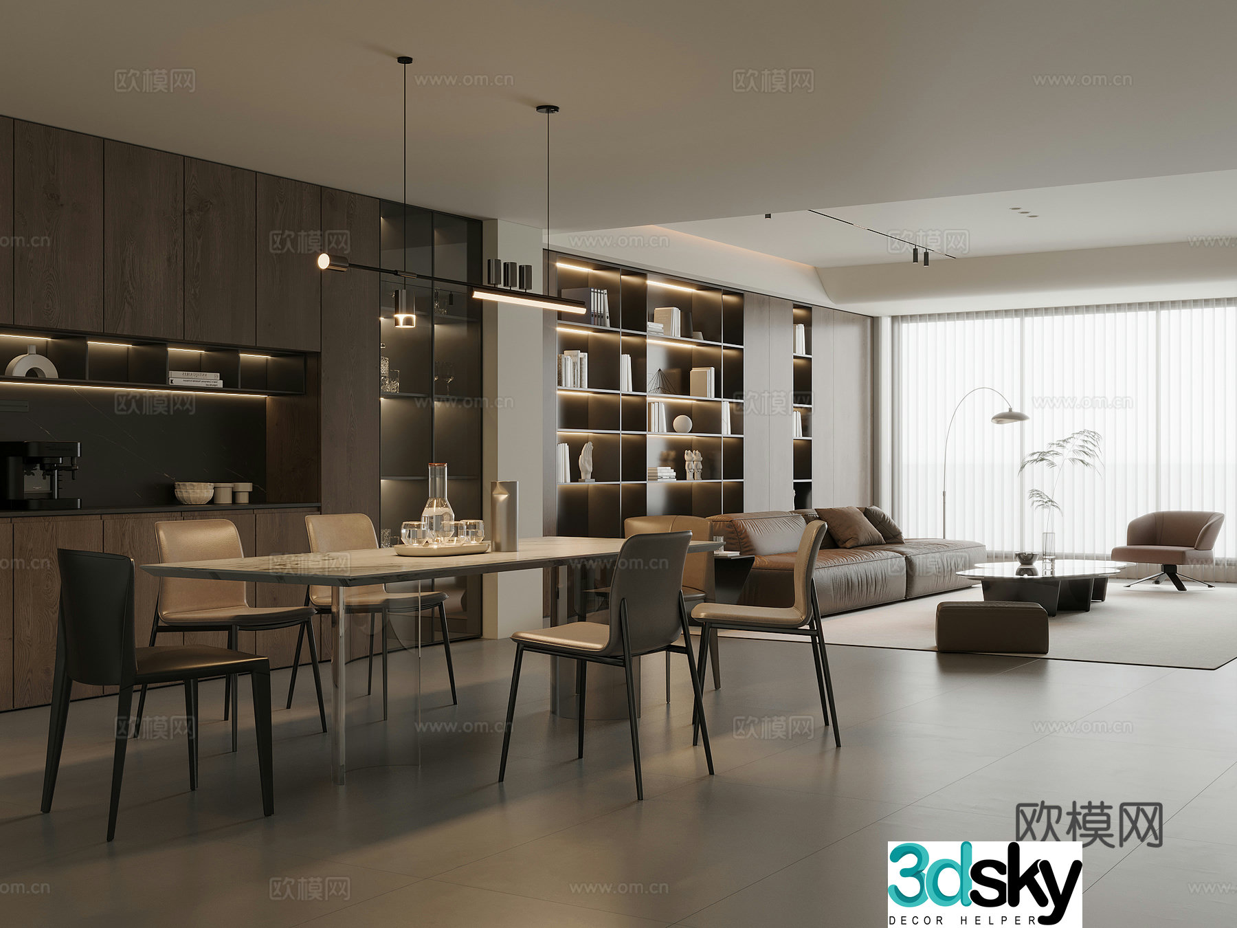 Modern Italian dining room marble dining table and chairs sideboard wine cabinet leather sofa coffee table combination 3D model