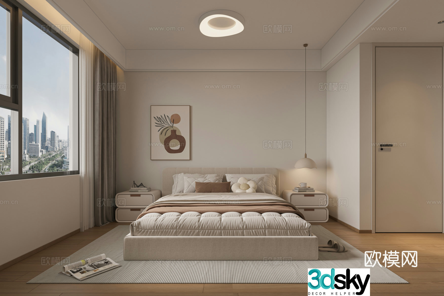 Modern creamy bedroom 3d model