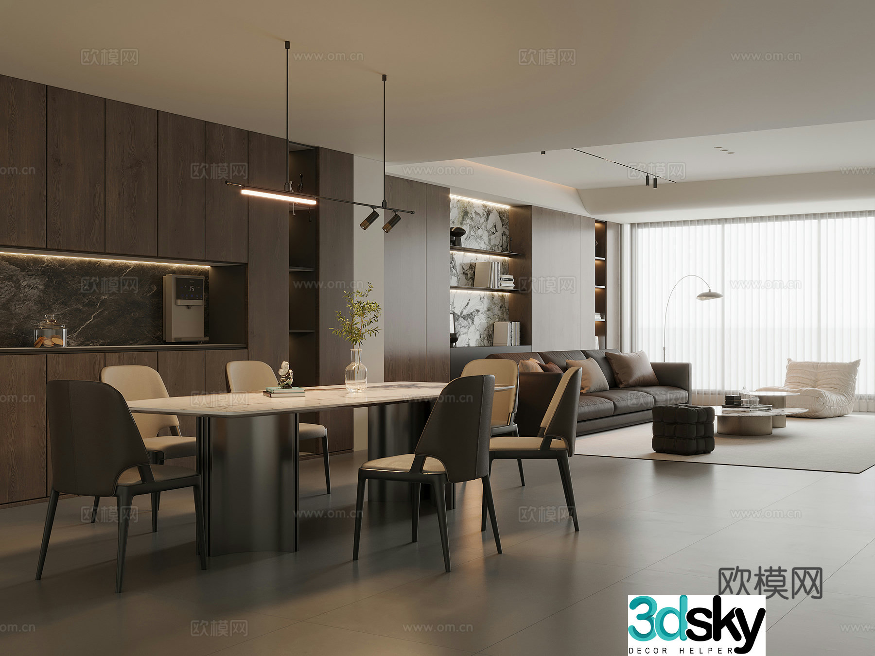 Modern Italian dining room marble dining table and chairs sideboard wine cabinet leather sofa coffee table combination 3D model