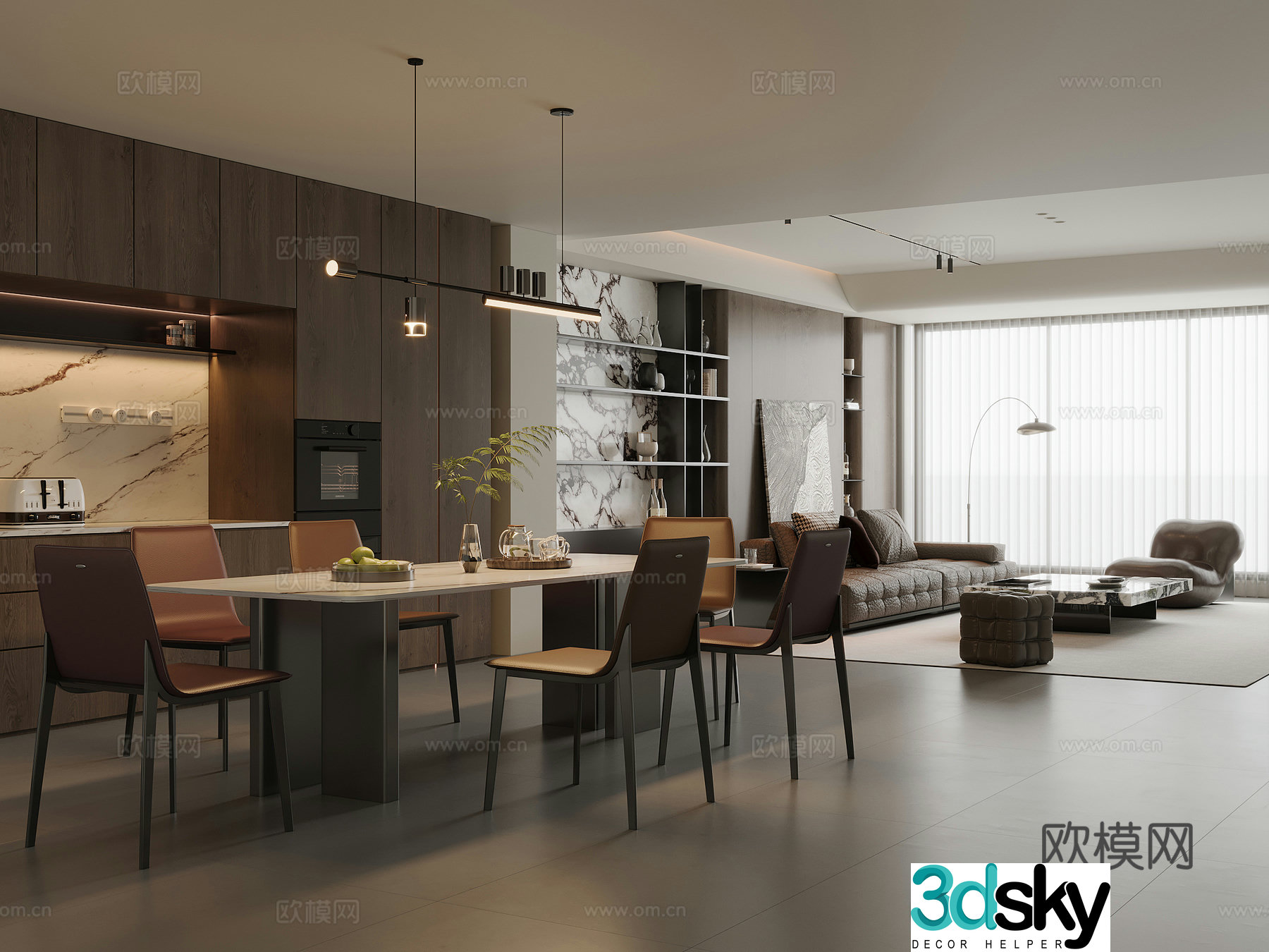 Modern Italian dining room marble dining table and chairs sideboard wine cabinet leather sofa coffee table combination 3D model