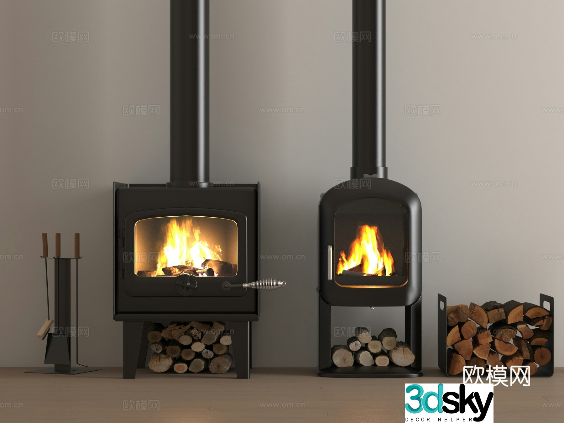 Modern fireplace Flame firewood pile Indoor fireplace 3d model