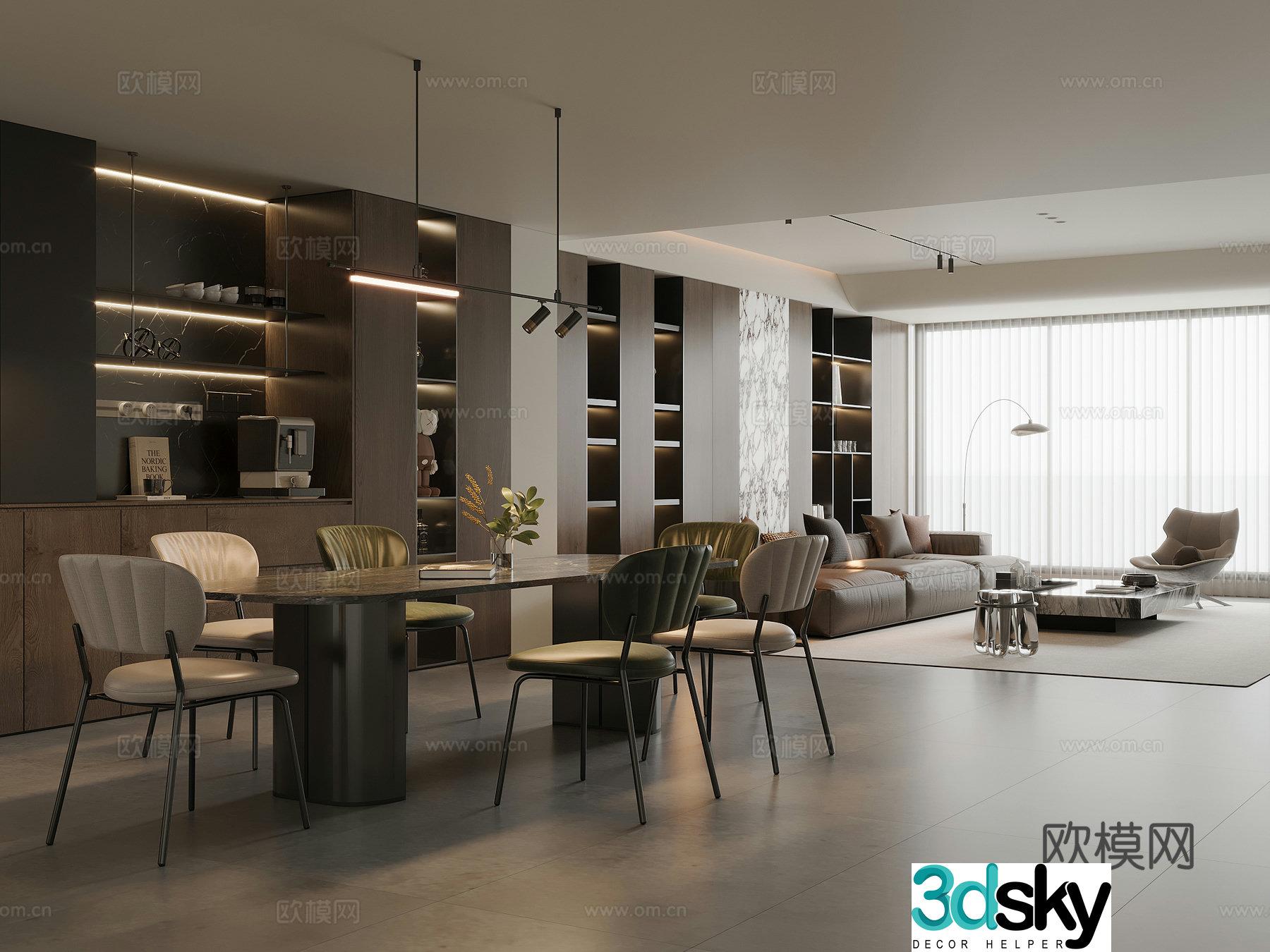 Modern Italian dining room marble dining table and chairs sideboard wine cabinet leather sofa coffee table combination 3D model