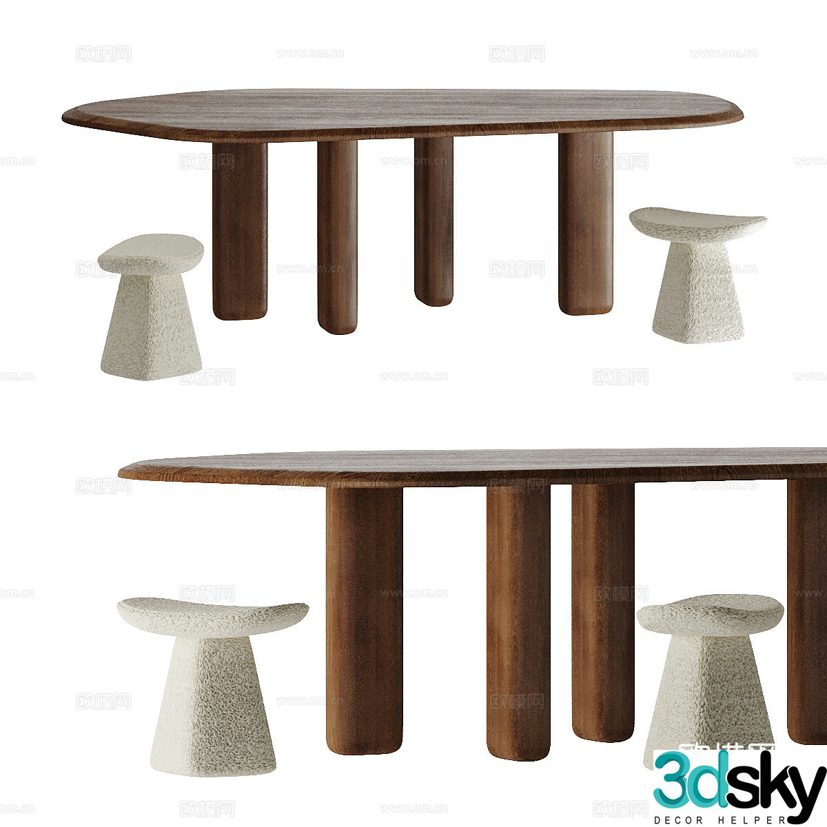 Middle style ROUGH dining table and chair combination 3D model