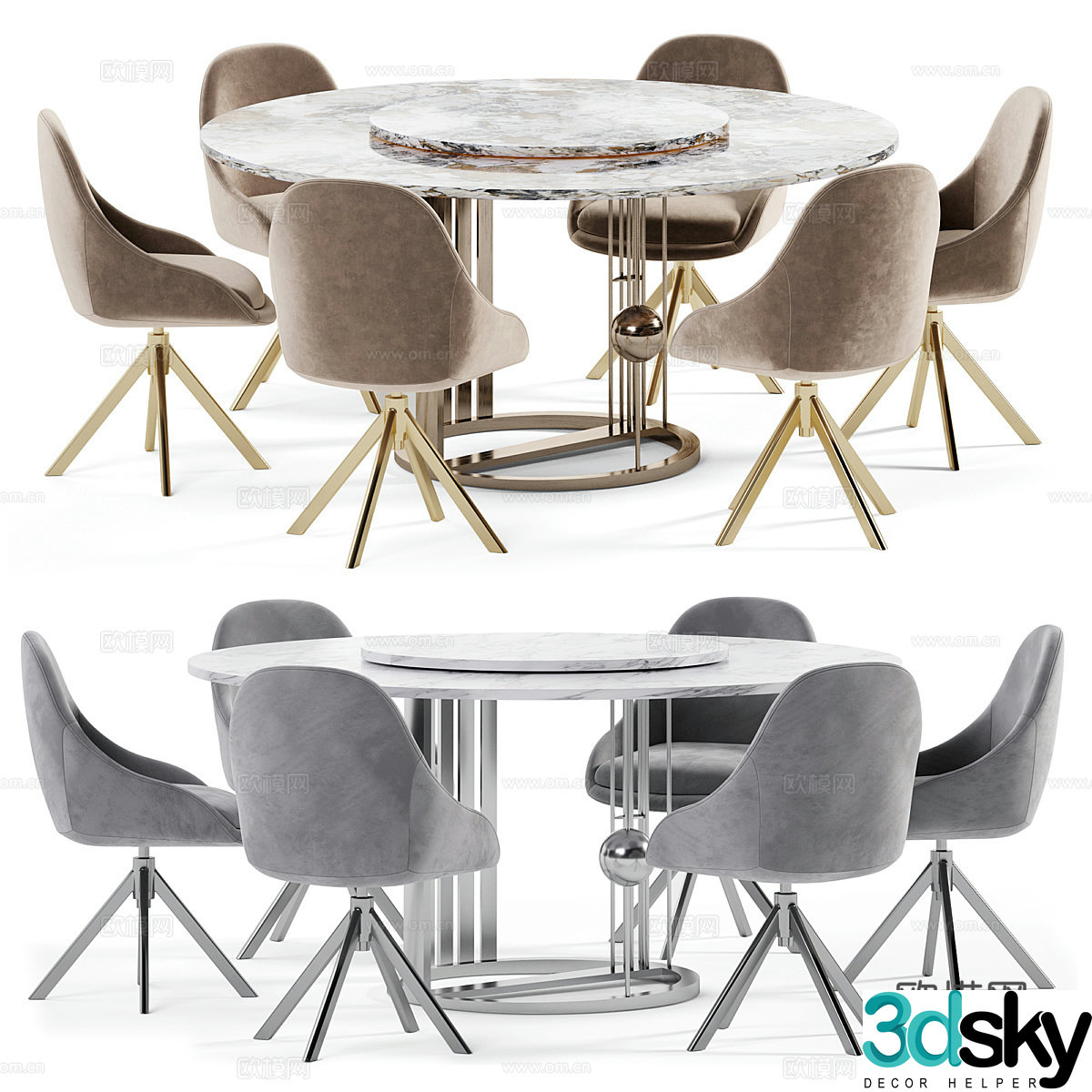 Modern light luxury marble round dining table and chair 3D model