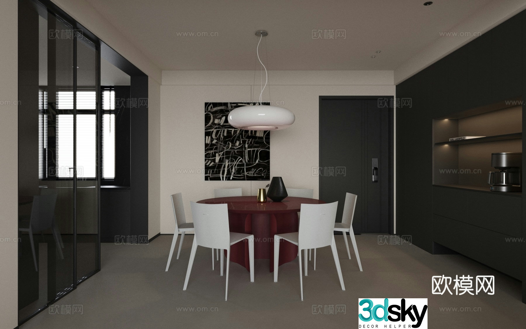 Modern restaurant dining table dining chair wine cabinet chandeliers hanging painting 3d model
