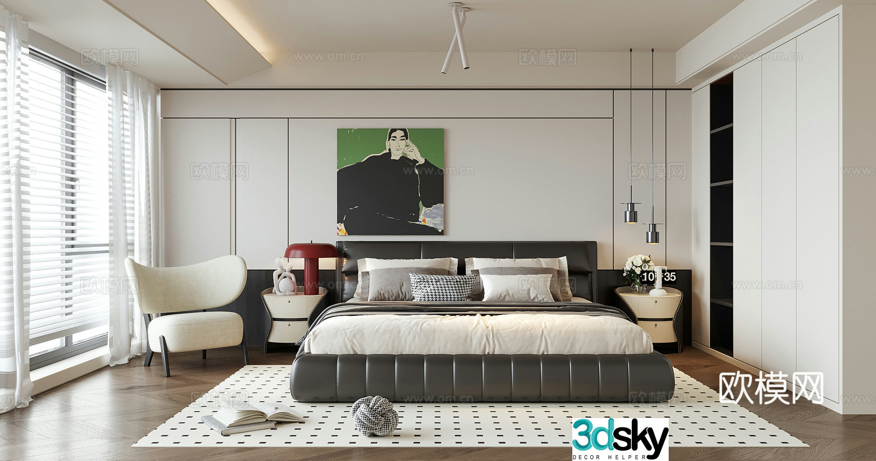 Modern bedroom Double bed Bedside table Bedside chandelier 3d model