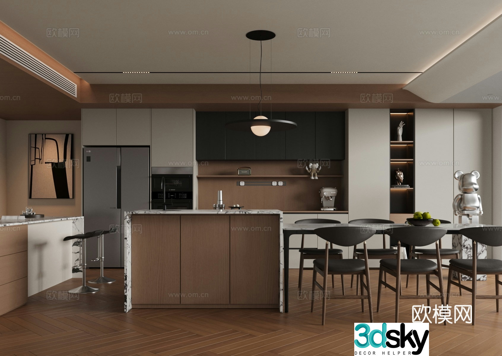 Middle-aged home restaurant island restaurant dining table and chair combination 3D model
