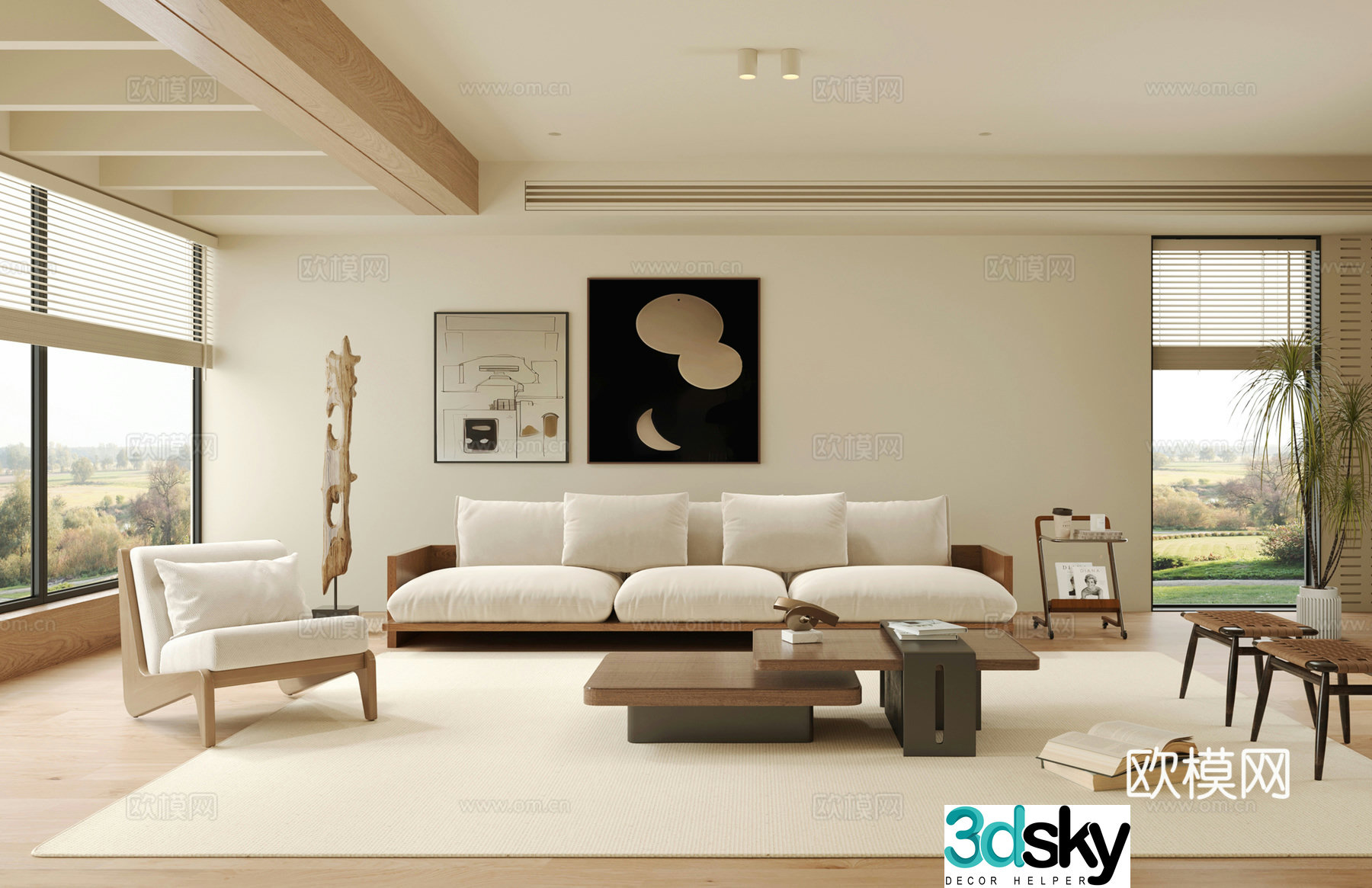Modern home living room sofa combination coffee table casual sofa decoration painting carpet 3d model
