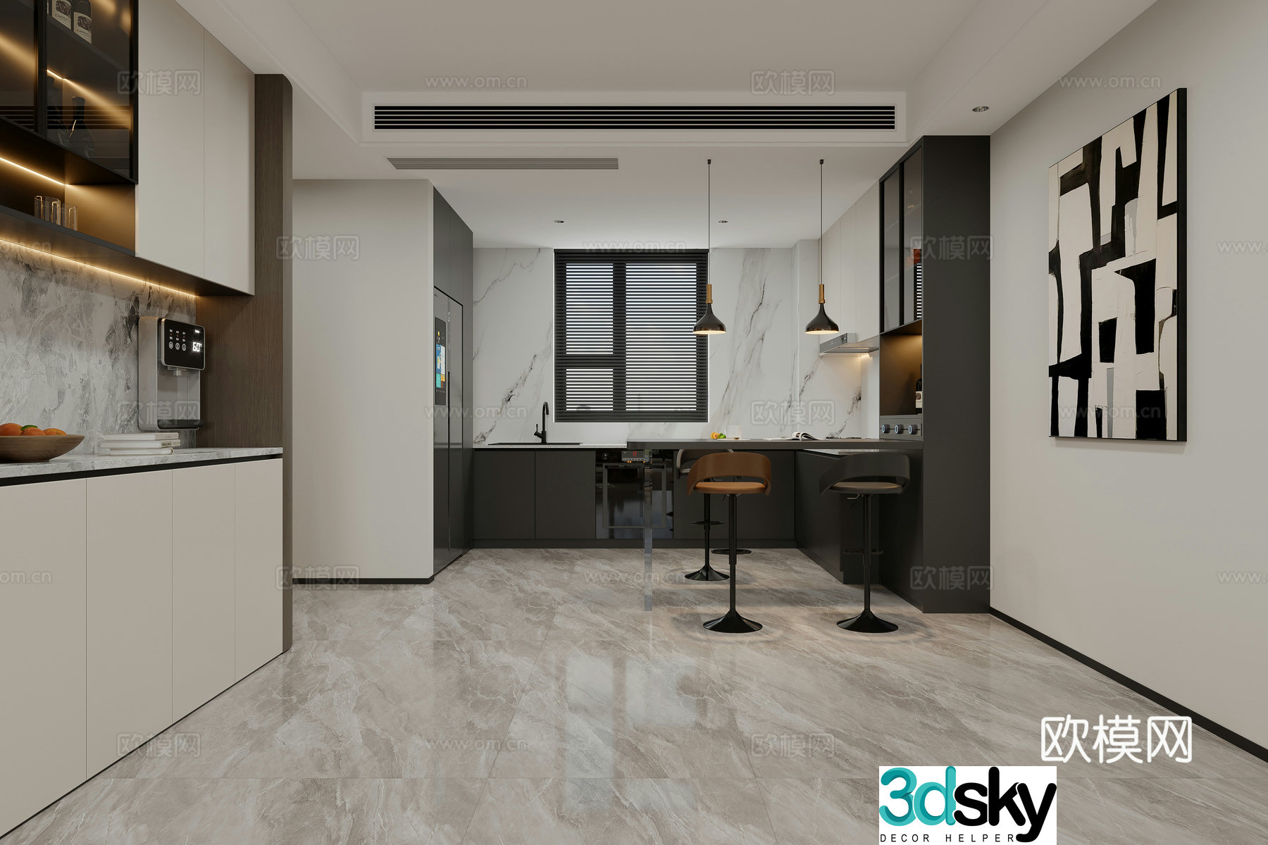 Modern Italian light luxury style open kitchen 3D model