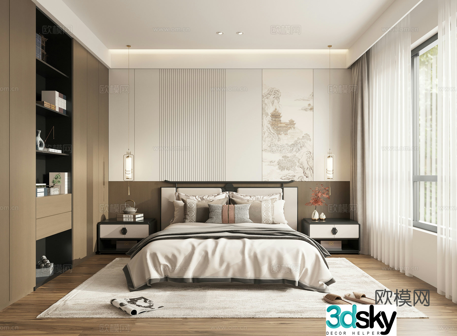 New Chinese style bedroom double bed 3D model