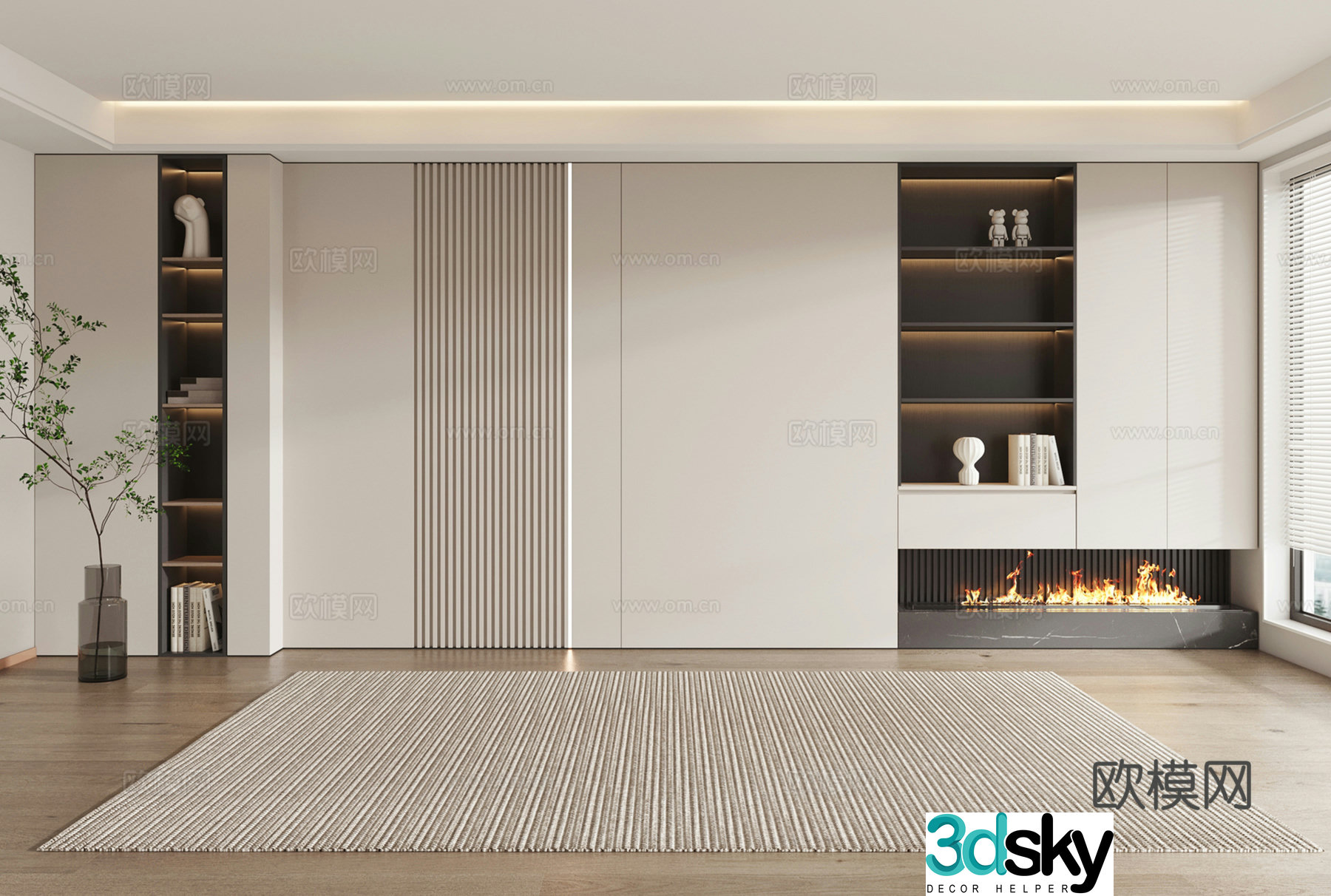 Modern sofa background wall Living room sofa background Wooden veneer background wall 3d model
