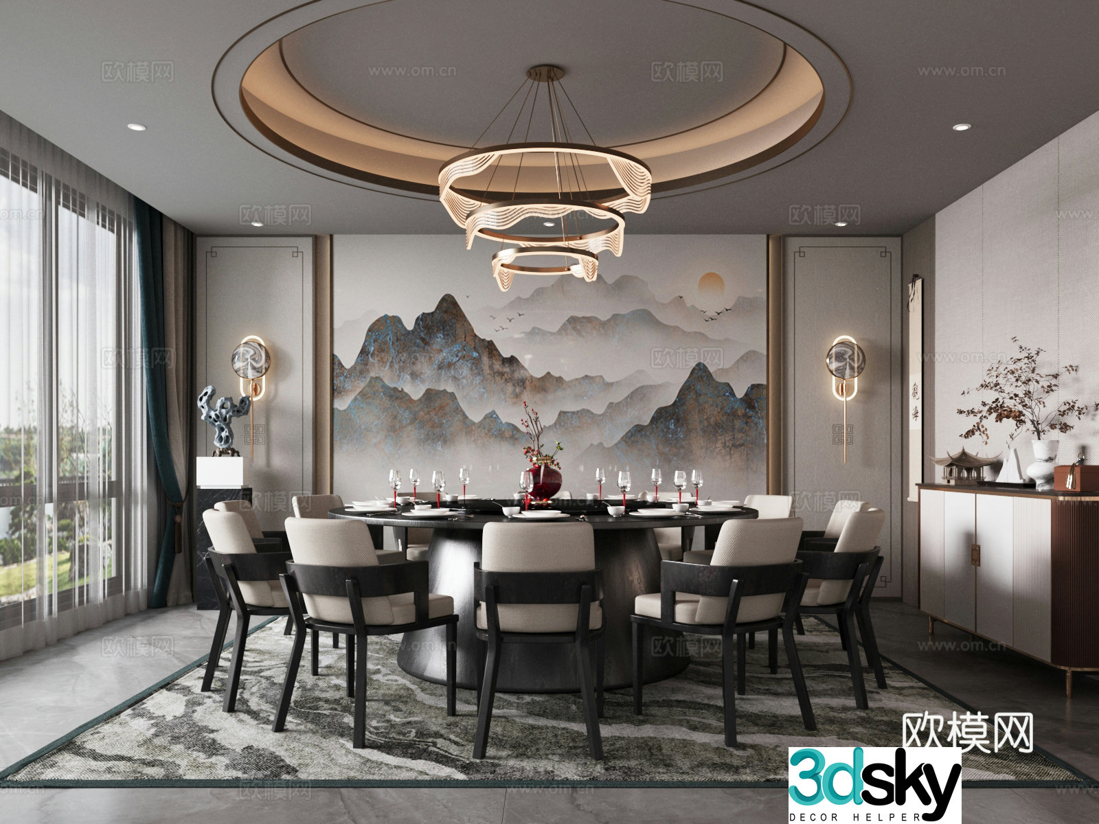 New Chinese restaurant private room private room dining table and chair combination 3D model