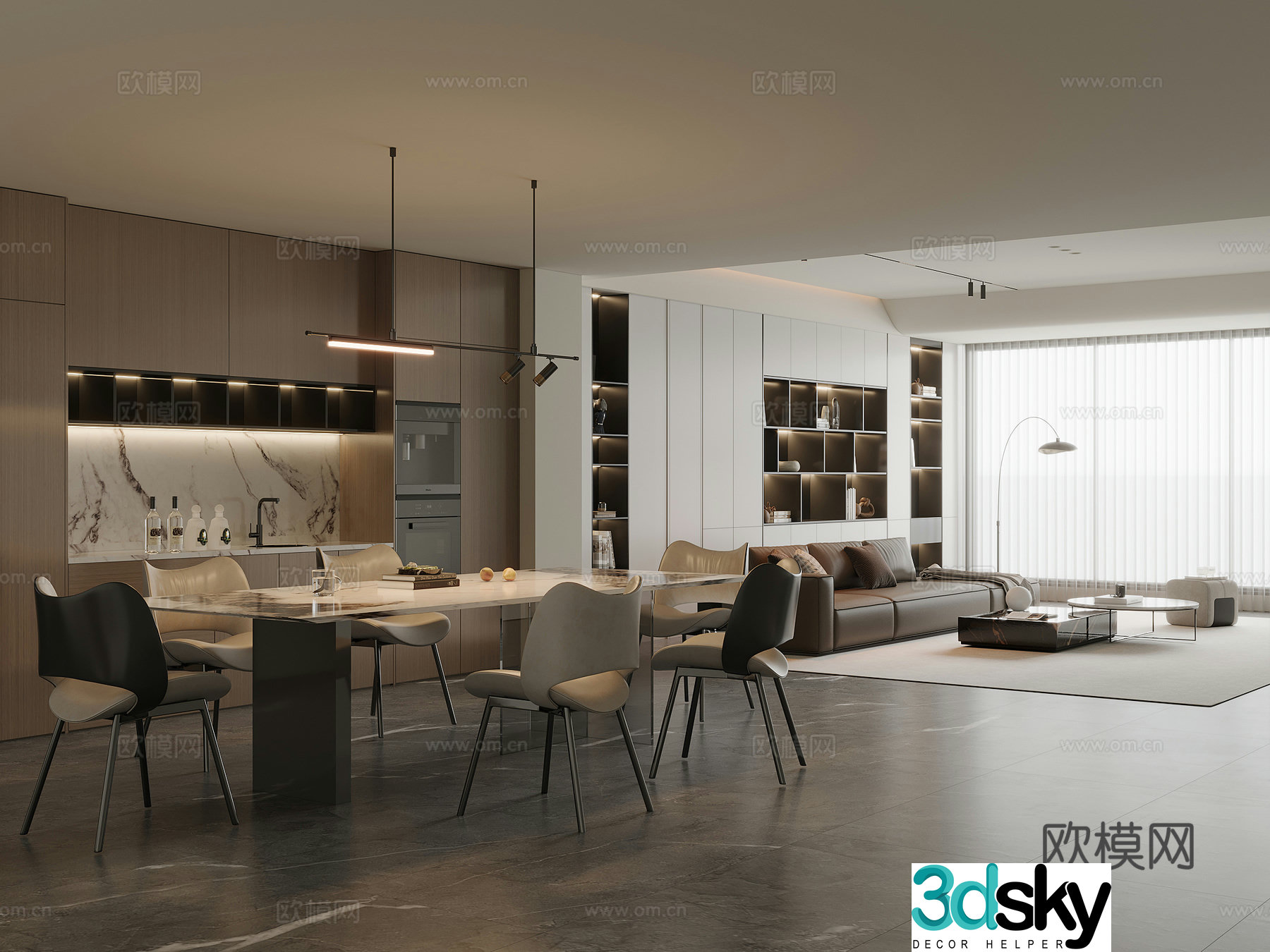 Modern Italian dining room marble dining table and chairs sideboard wine cabinet leather sofa coffee table combination 3D model