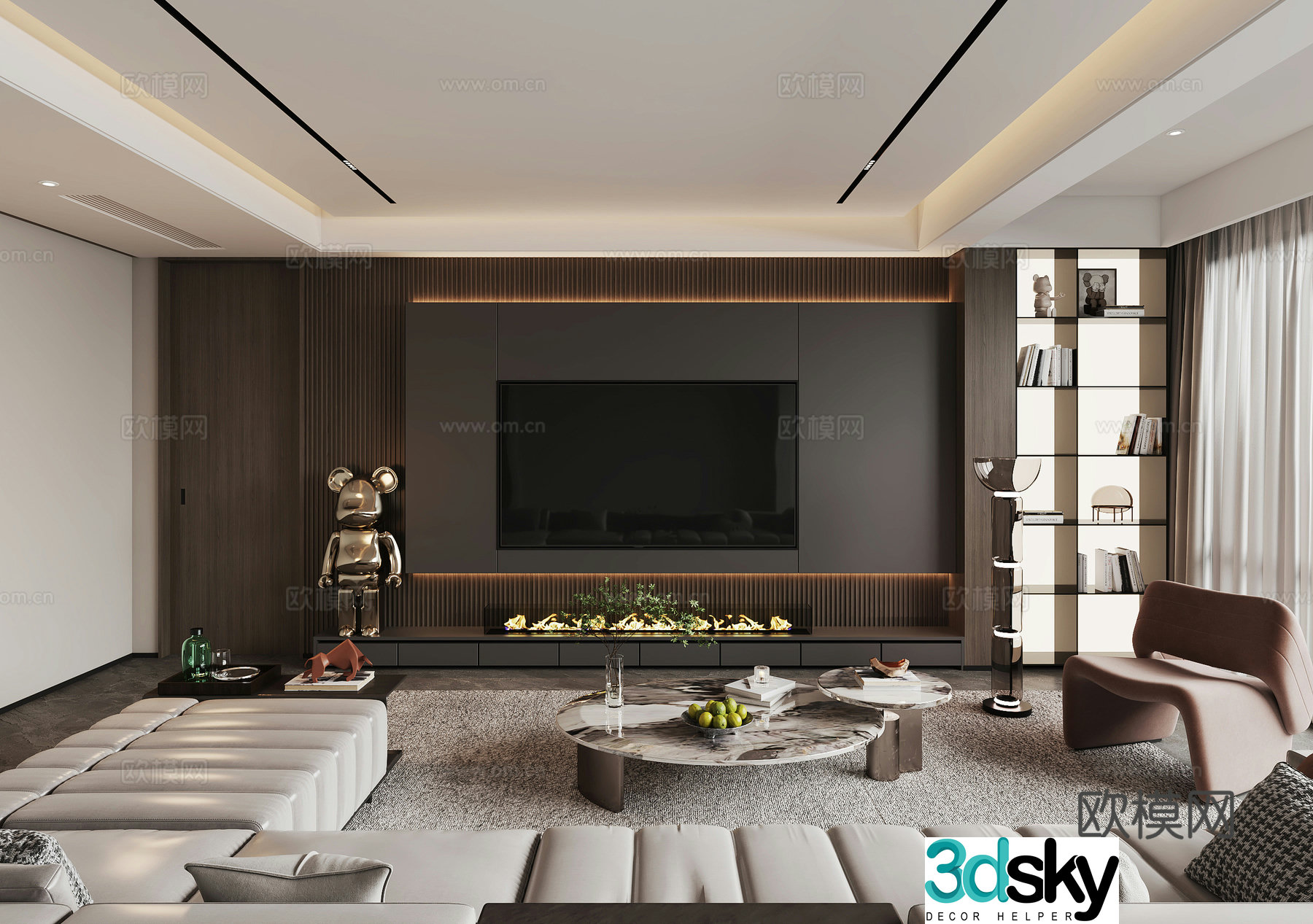 Modern Italian living room TV wall background wall sofa coffee table combination 3D model