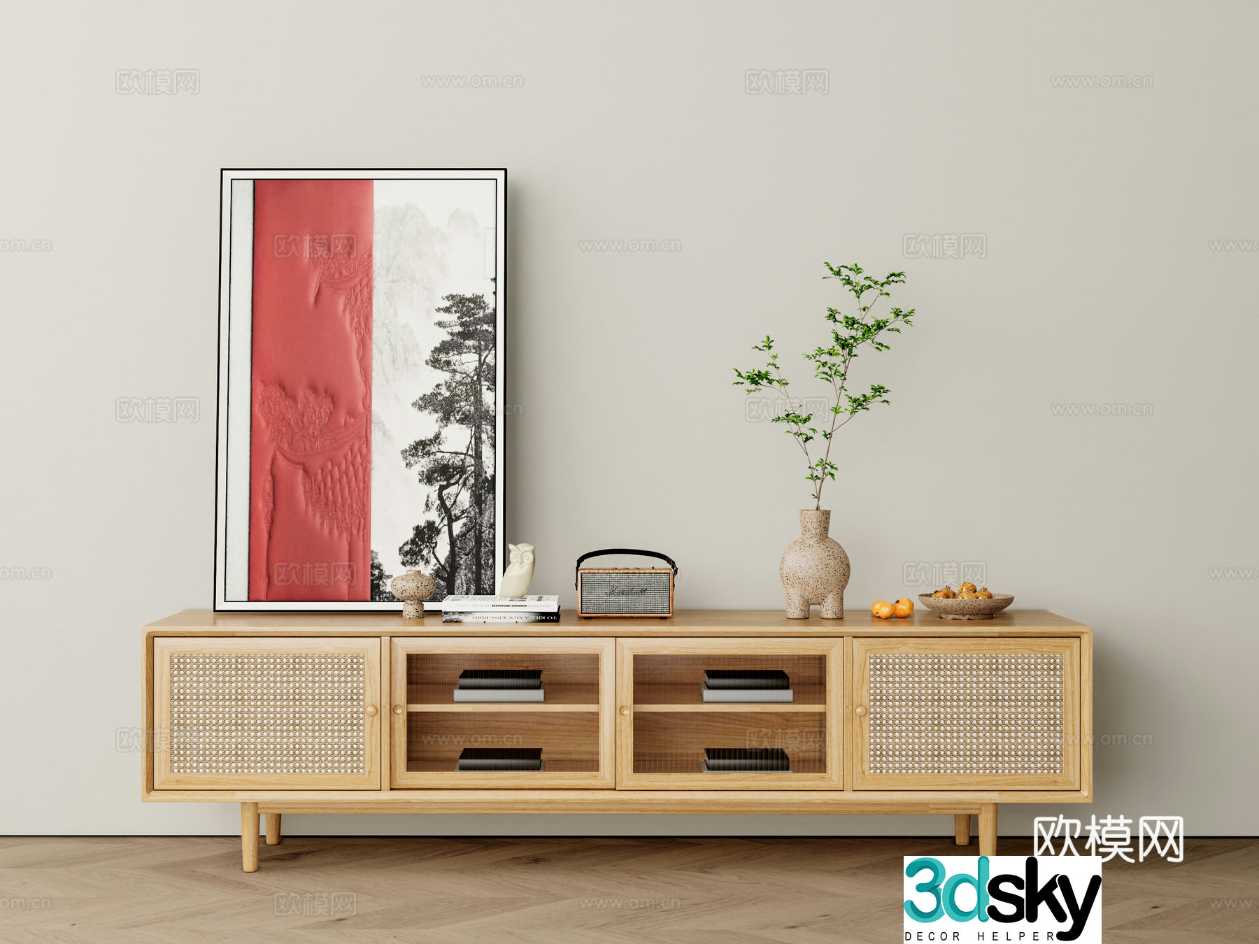 Modern solid wood TV cabinet side cabinet decorative painting floral vase 3d model