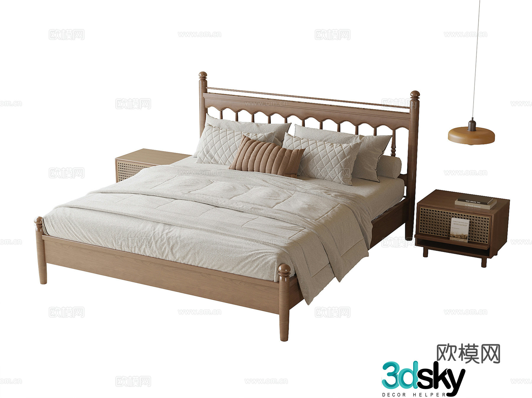 Modern solid wood double bed nightstand 3d model