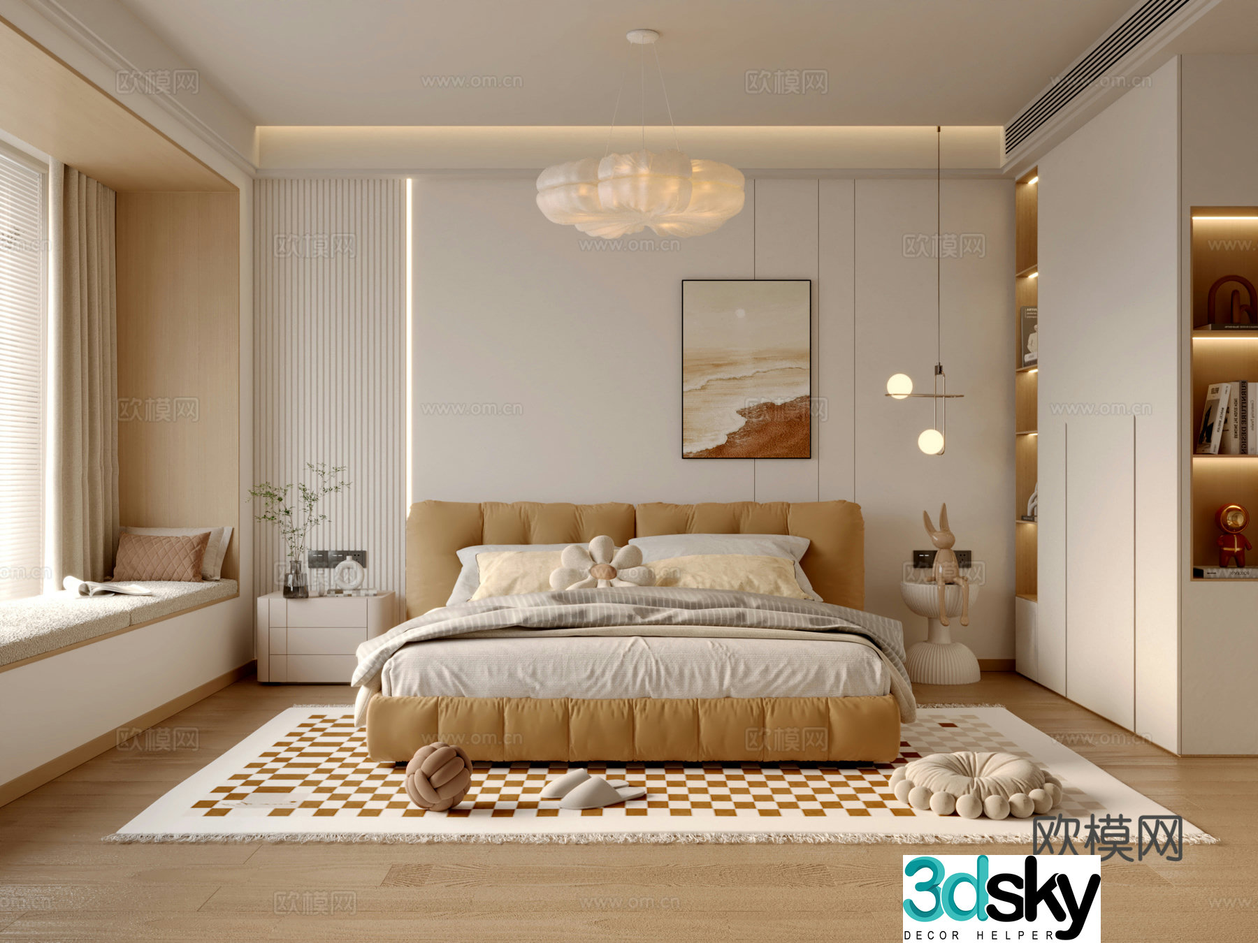 Modern creamy bedroom 3d model