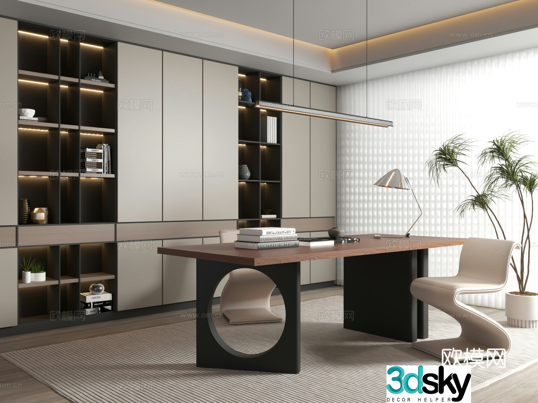 Modern study Italian study study bookcase desk 3d model