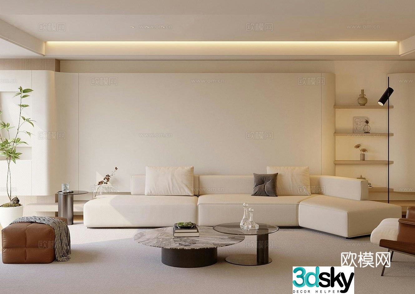 Modern cream home living room_Cream modern sofa combination_Local without owner lights_Horizontal hall 3D model