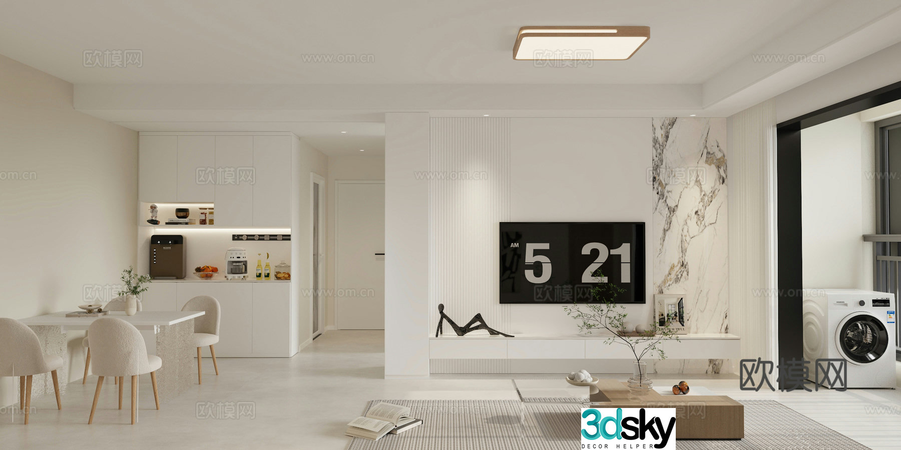Modern Cream Living and Restaurant 3D Model