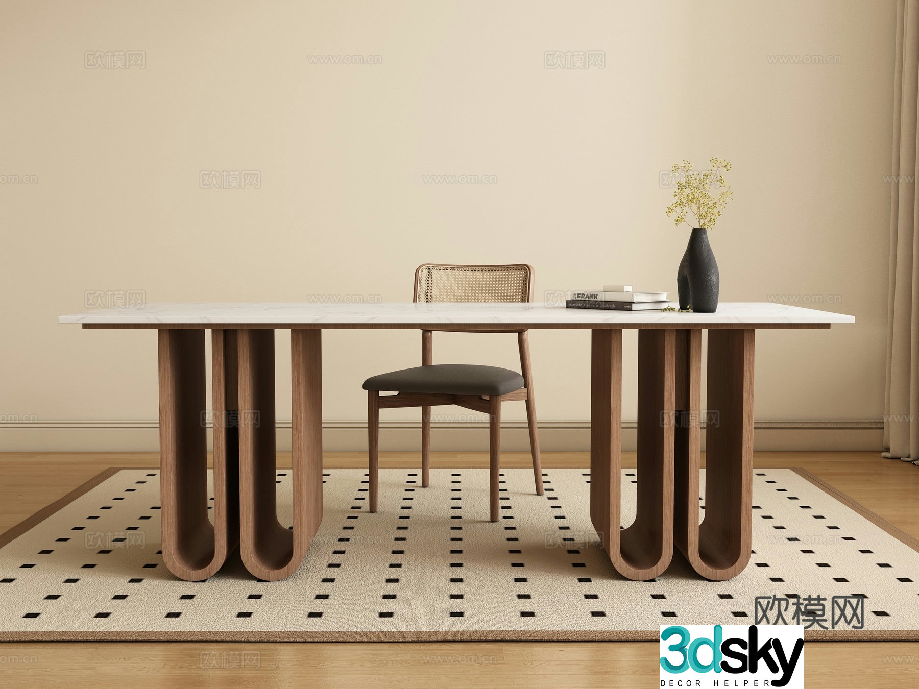 Medium style long dining table and chair 3D model