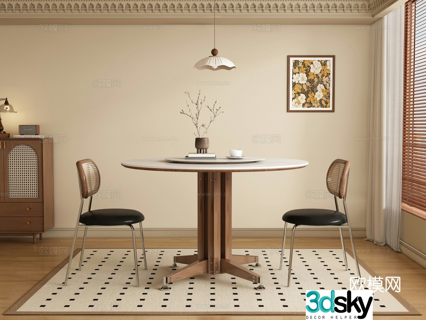 Middle style restaurant round dining table and chair 3D model