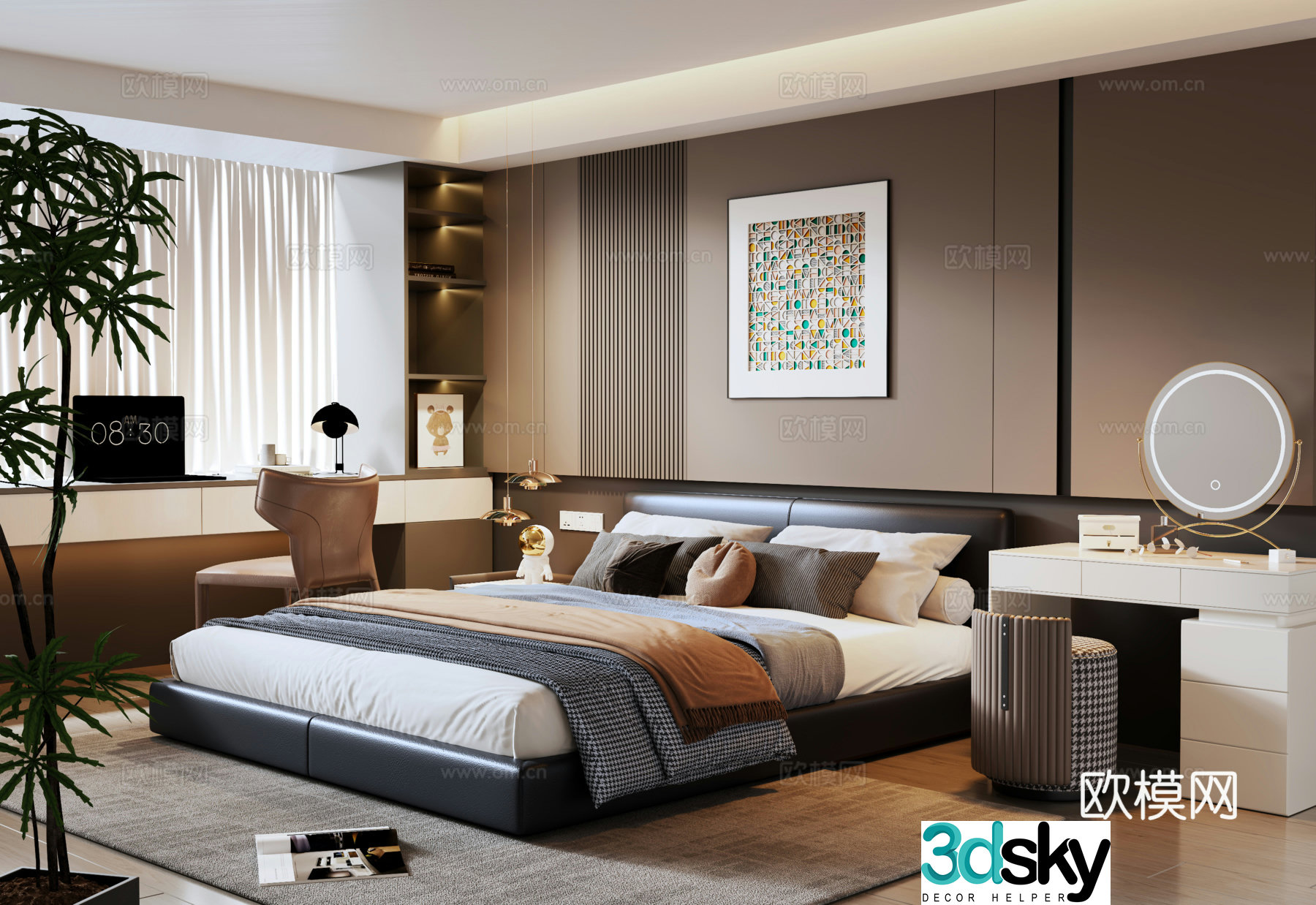 Modern Italian bedroom Italian background wall double bed leather bed makeup table balcony desk 3d model