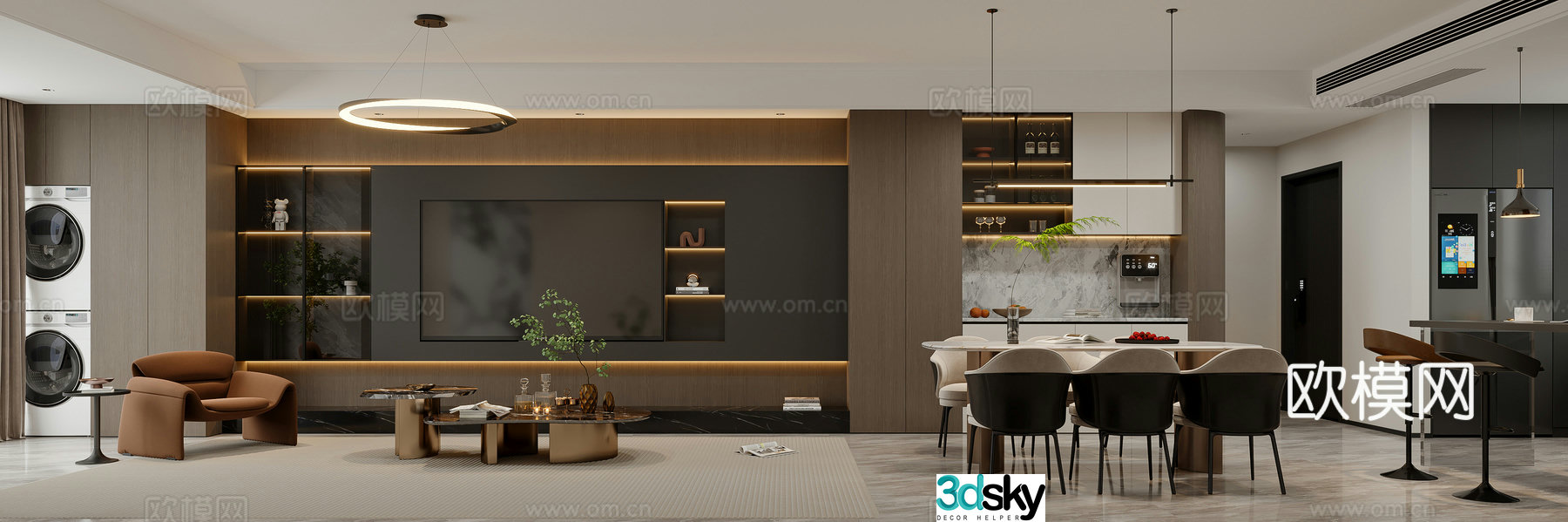 Modern living and dining room 3d model
