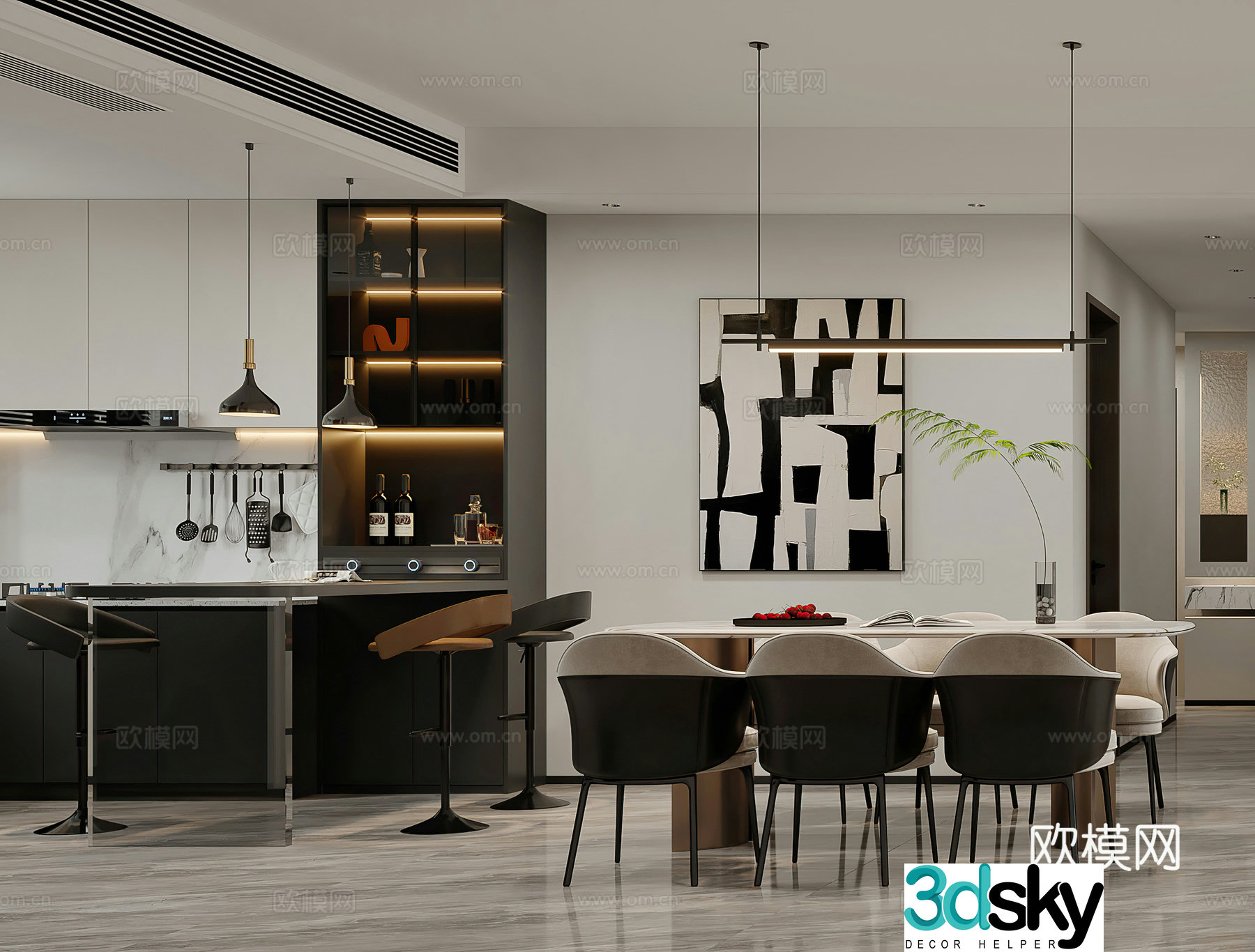 Modern restaurant Open kitchen Dining table Bar Wine cabinet Shoe cabinet Light luxury restaurant 3D model