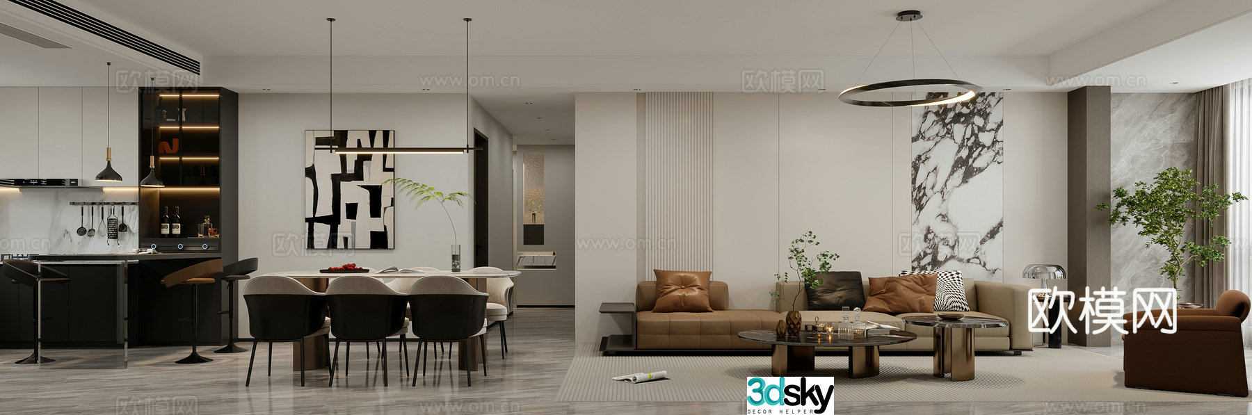 Modern Italian light luxury style dining room 3D model