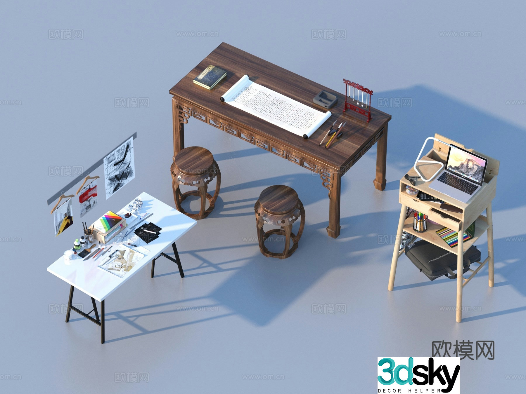 Study table furniture square table 3d model