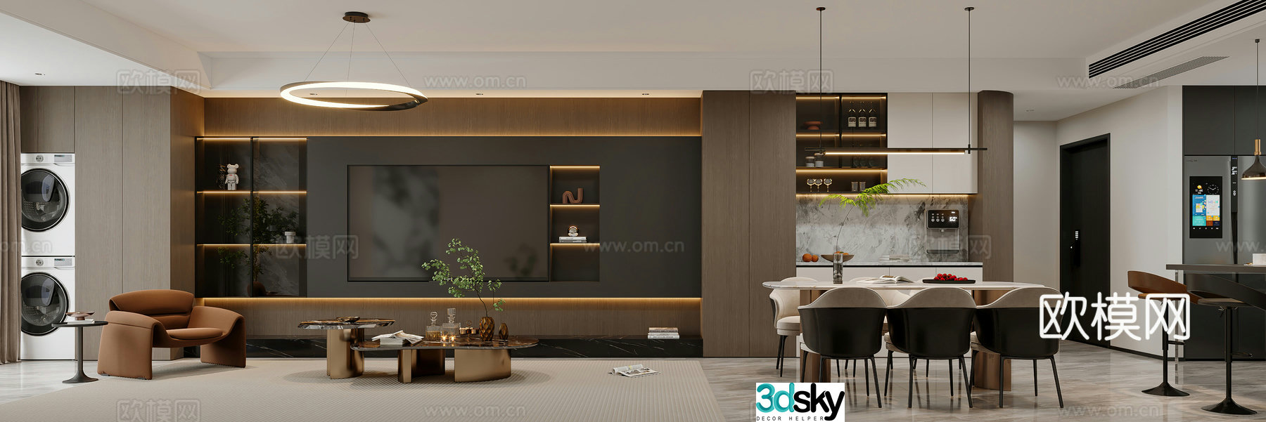 Modern living and dining room TV background wall Light luxury living room Modern living room Leisure chair Dining table 3d model
