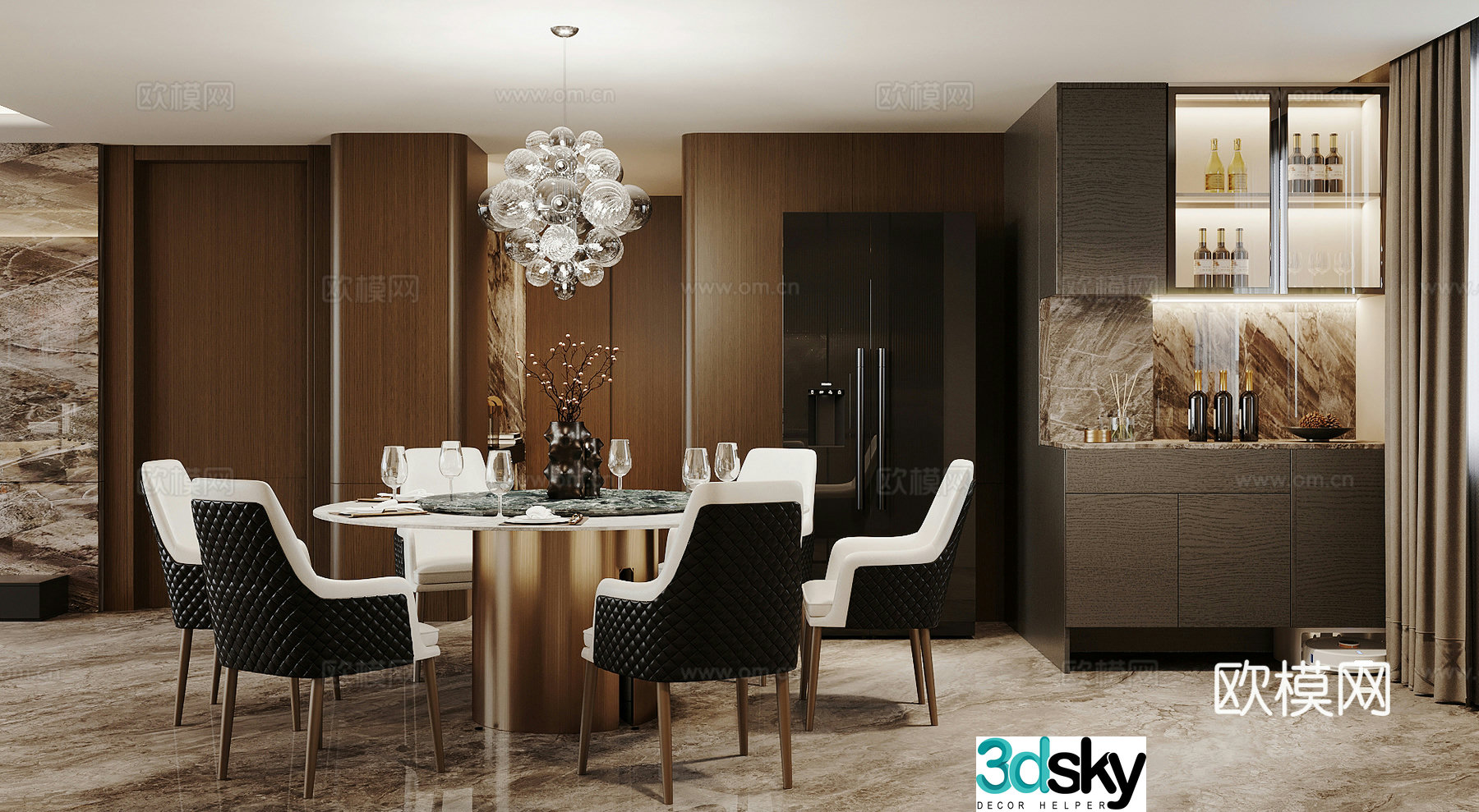 Light luxury Italian round table restaurant Marble dining table Open restaurant Premium gray restaurant Dining chair 3D model