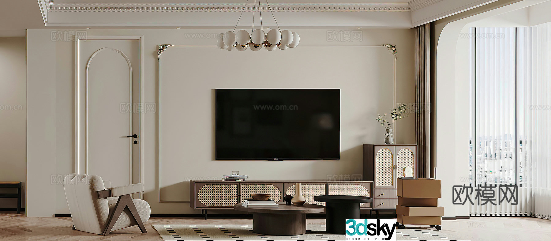 Middle style living room TV background wall French living room retro living room TV cabinet leisure chair 3d model