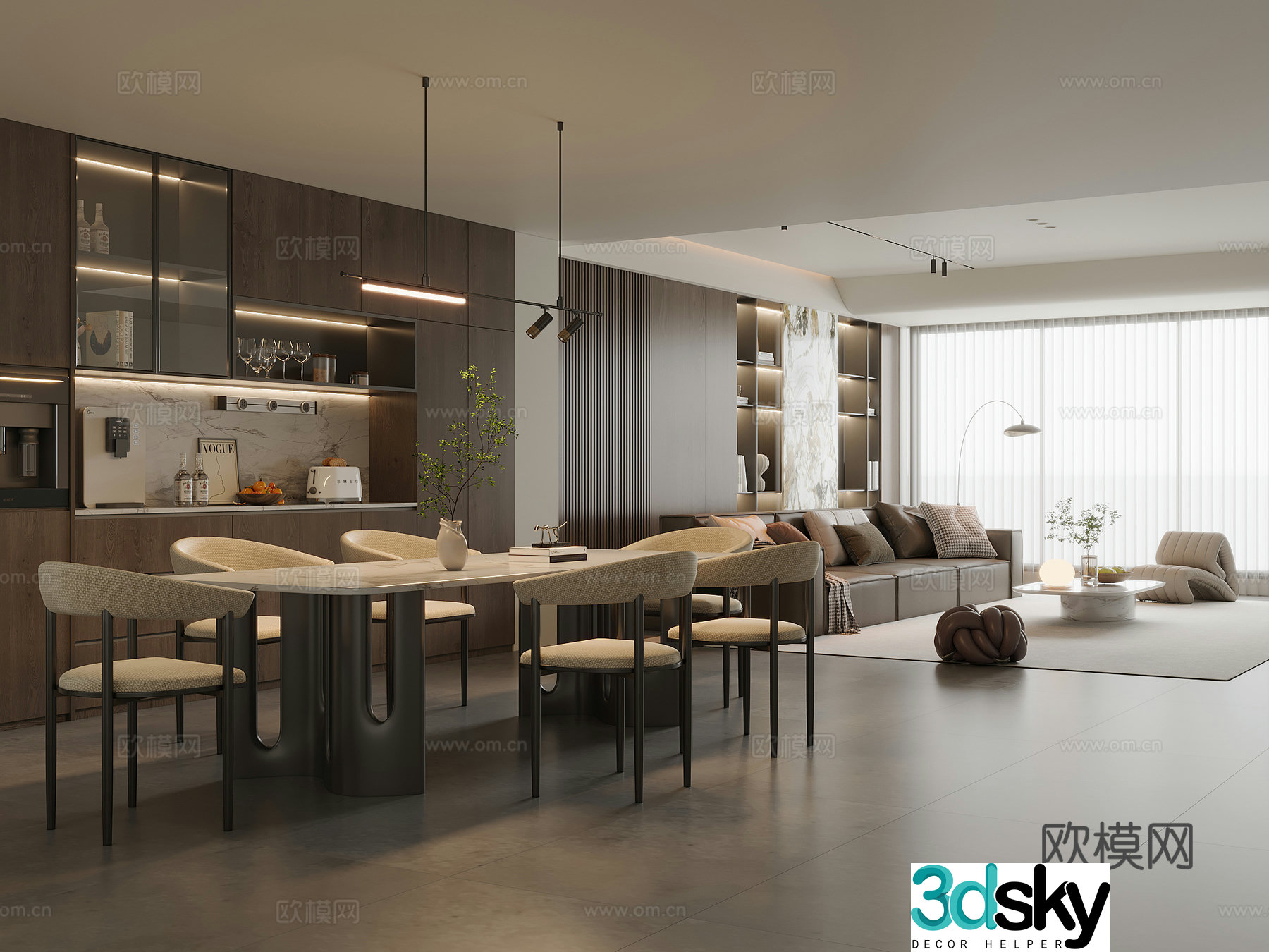 Modern Italian dining room marble dining table and chairs sideboard wine cabinet leather sofa coffee table combination 3D model
