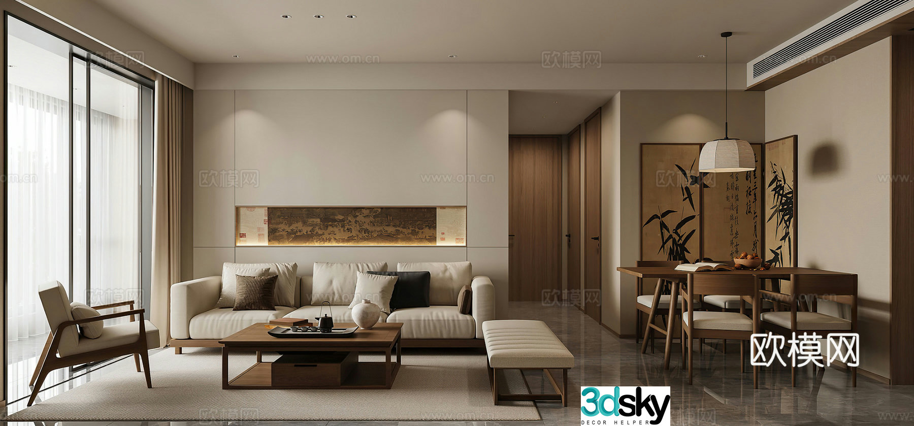 Middle style living room combination sofa middle style living room dining table new Chinese style living room homestay 3D model