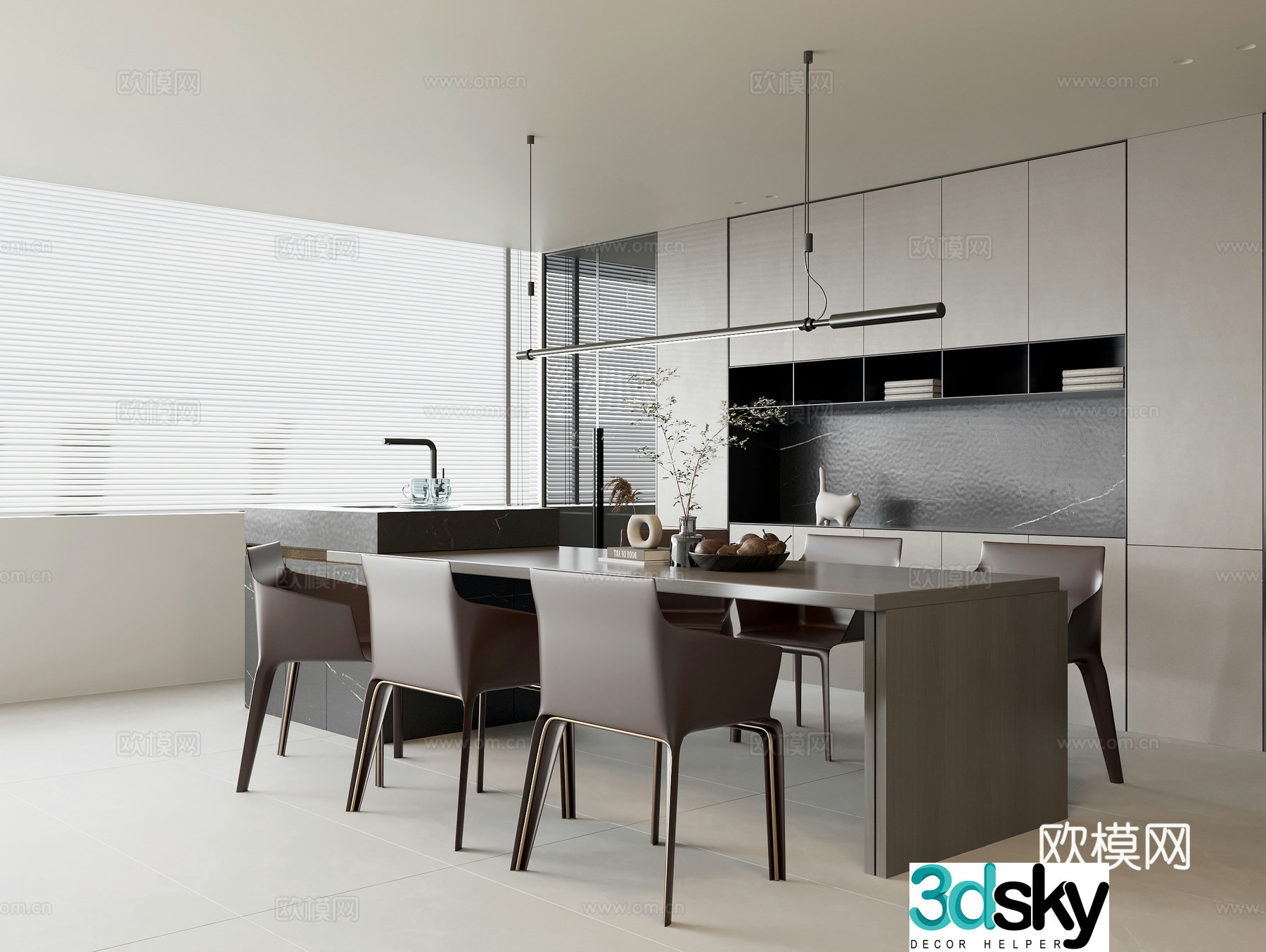 Modern restaurant Water bar dining table Zhongdao dining table Casual dining chair Solid wood sideboard Metal 3D model
