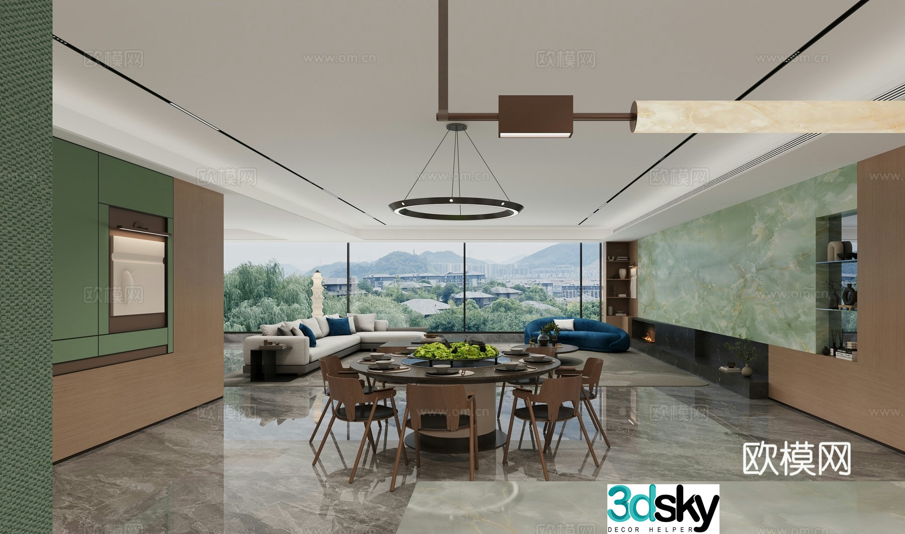 Modern light luxury large flat floor living and dining room 3D model