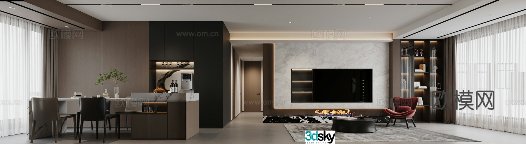 Modern living and dining room 3d model