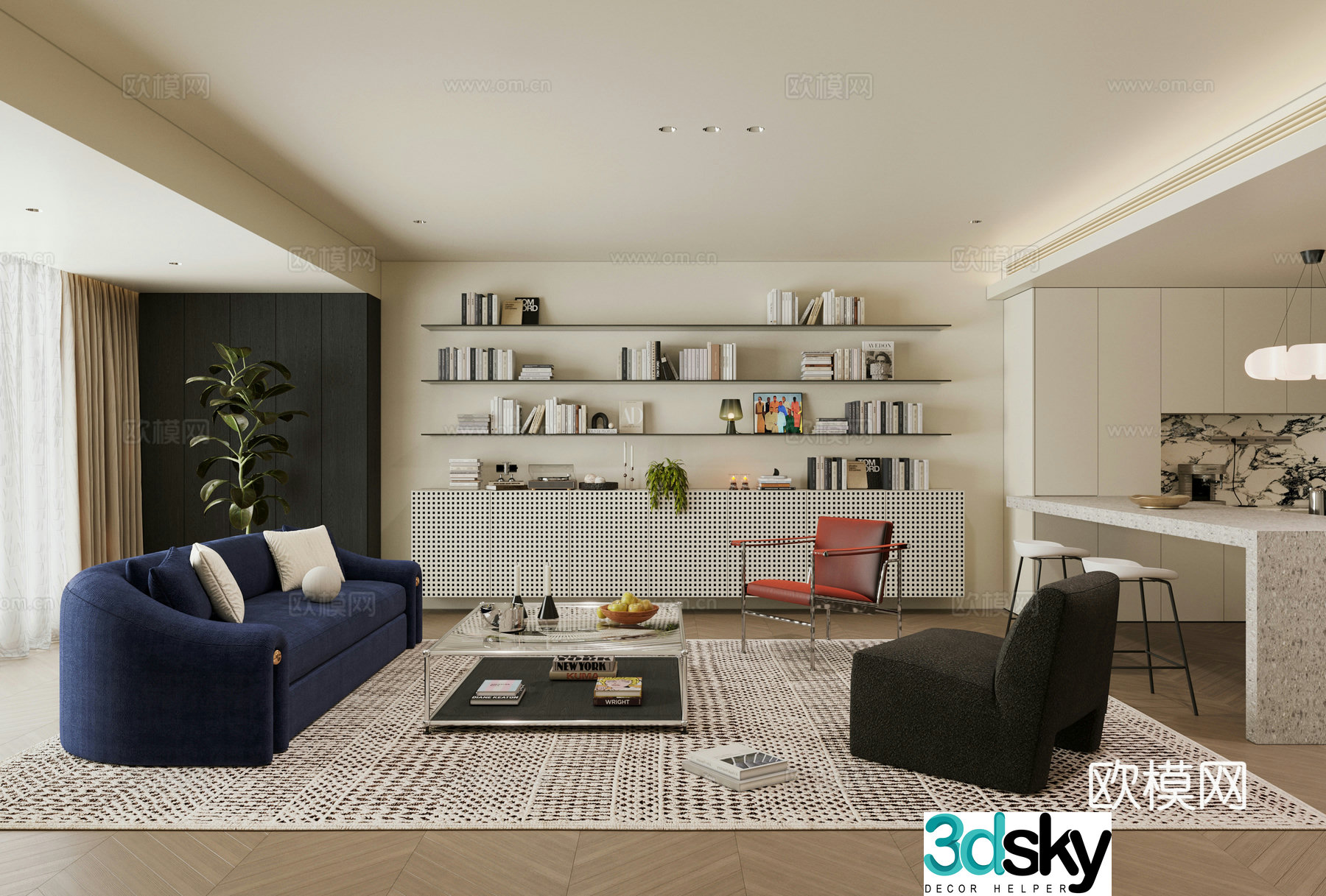 Cream medieval home living room horizontal hall black and white living room large flat living room without owner lights 3D model