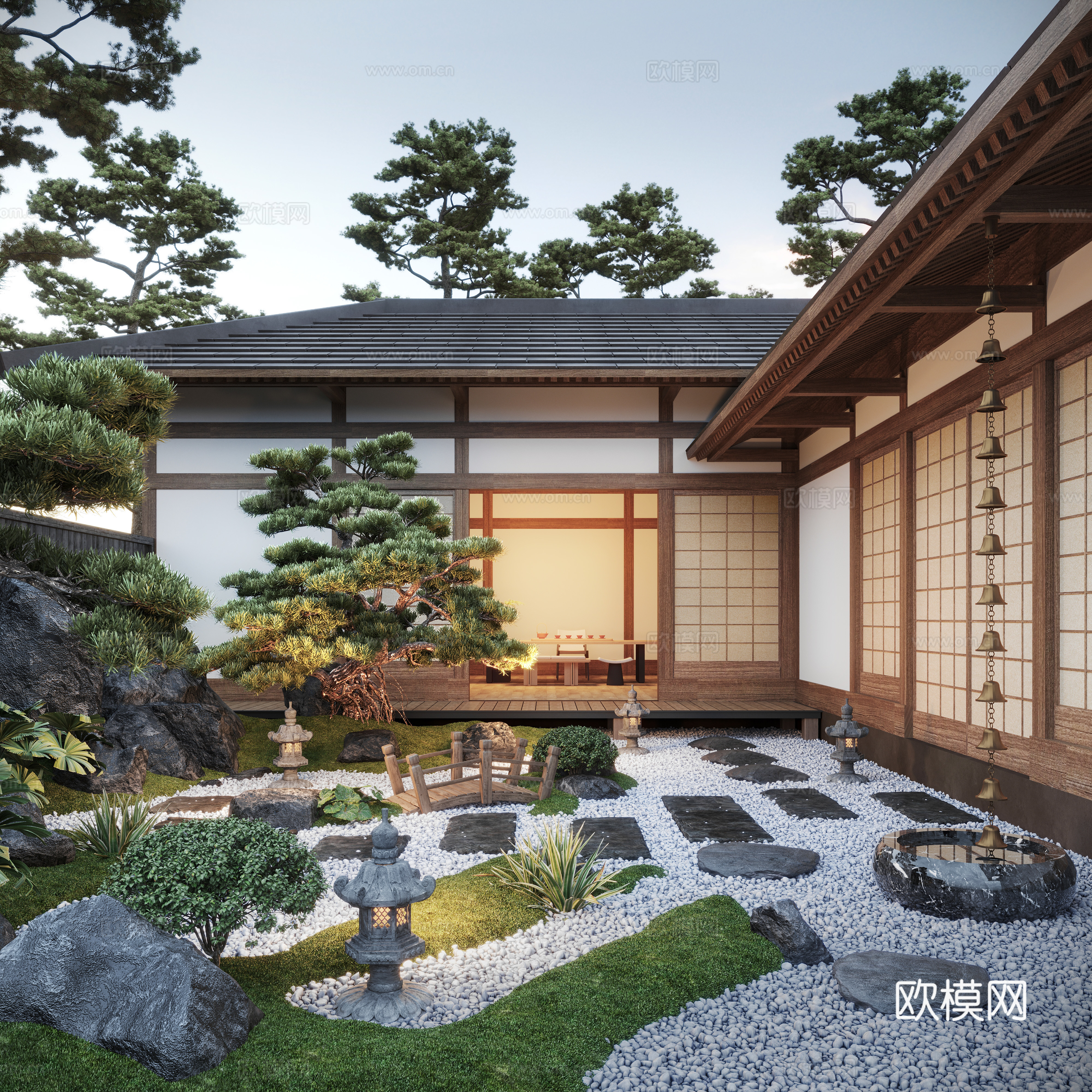New Chinese style courtyard landscape Zen courtyard dry landscape landscape landscape stone moss 3d model