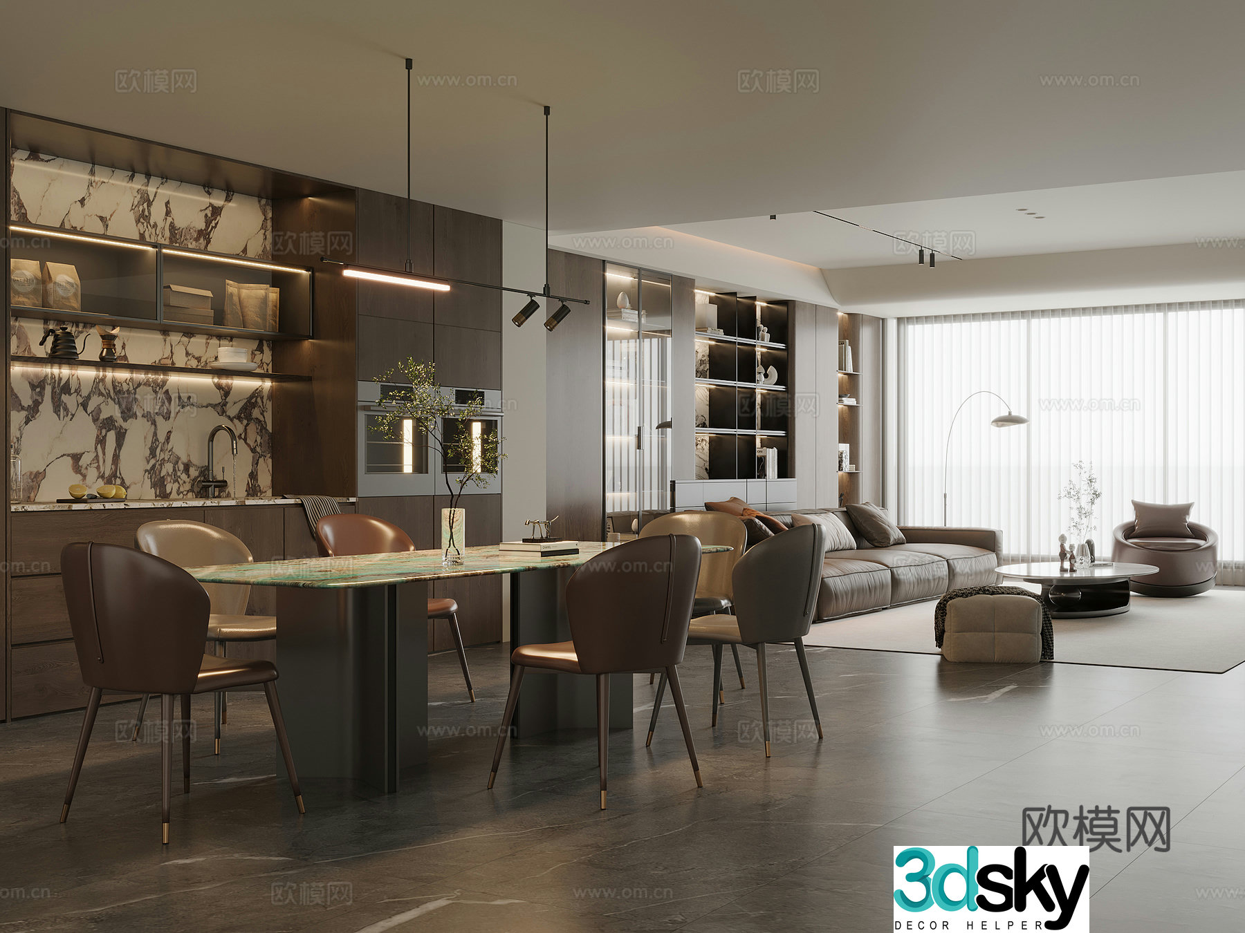 Modern Italian dining room marble dining table and chairs sideboard wine cabinet leather sofa coffee table combination 3D model