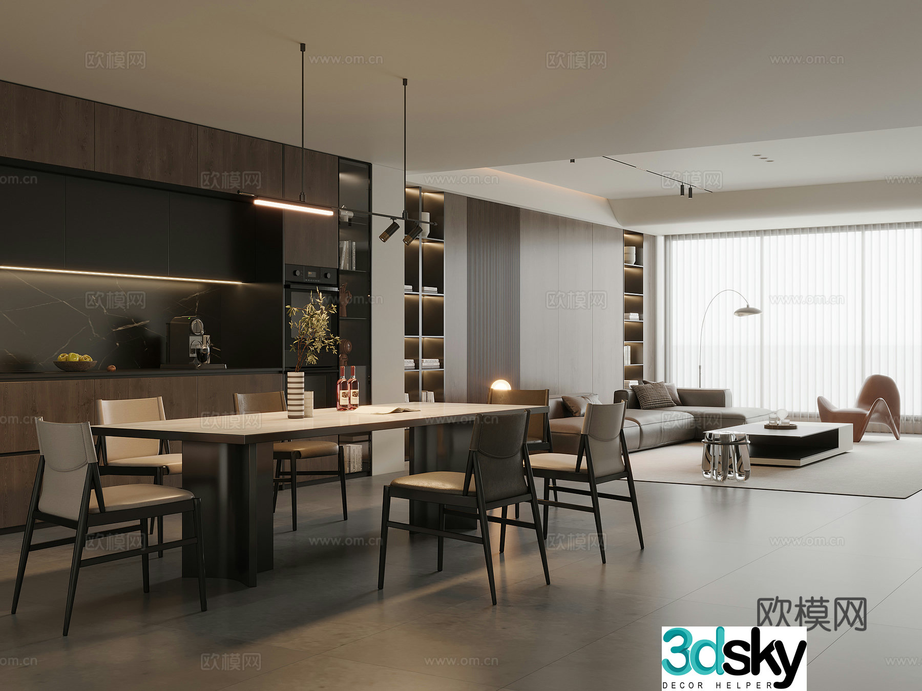 Modern Italian dining room marble dining table and chairs sideboard wine cabinet leather sofa coffee table combination 3D model